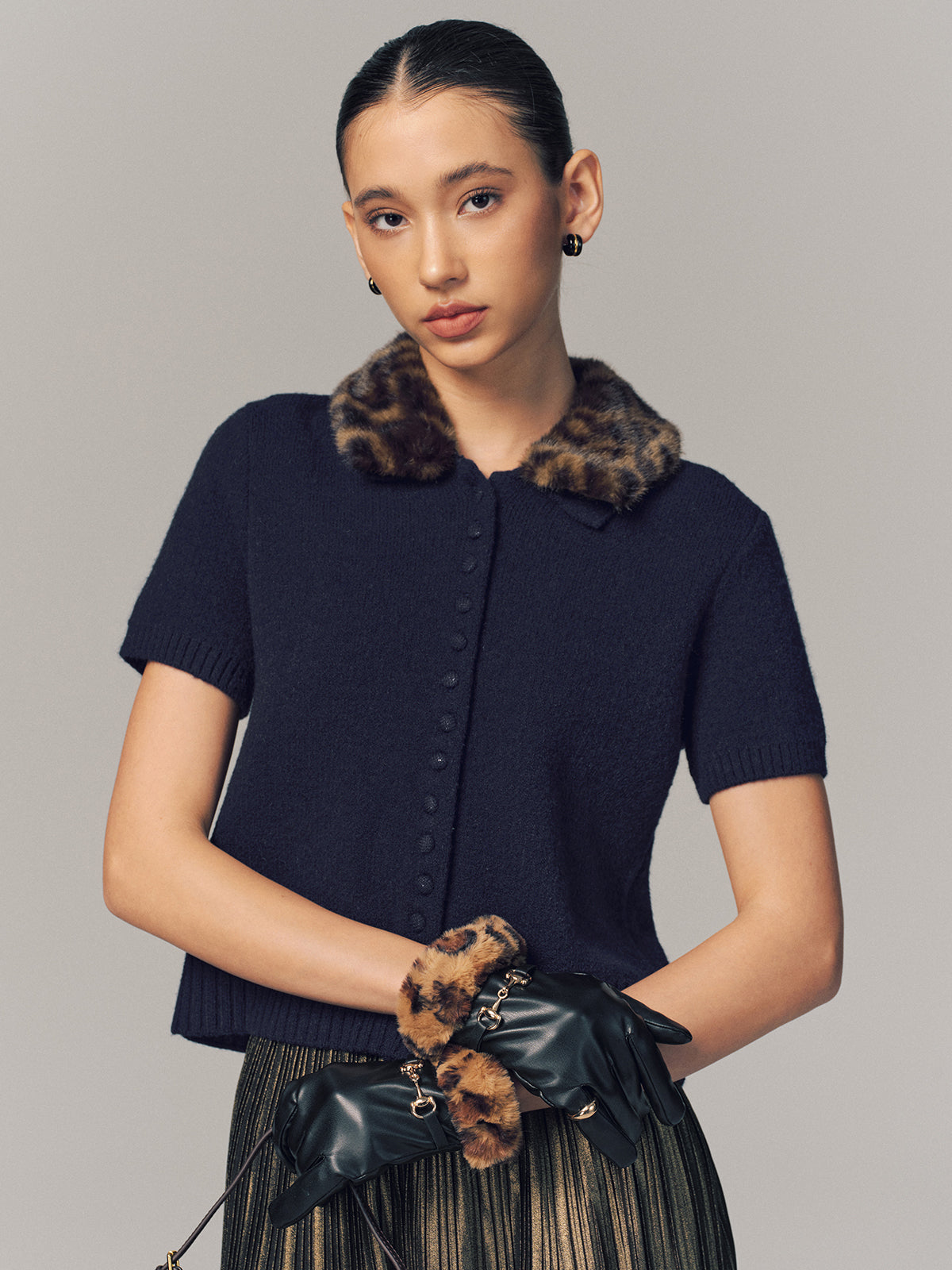 Leopard Faux Fur Collar Short-Sleeve Cardigan-Chicvia