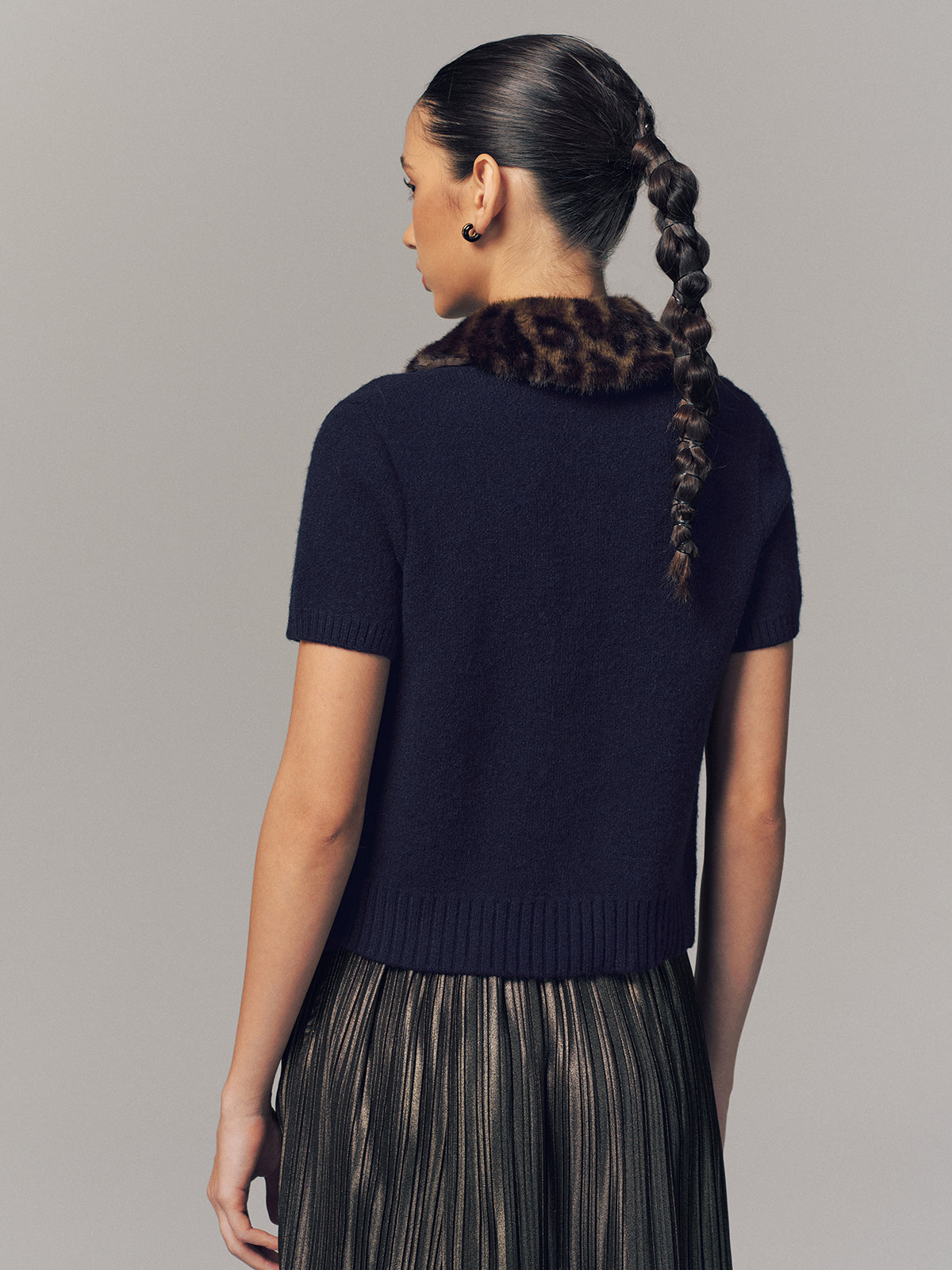 Leopard Faux Fur Collar Short-Sleeve Cardigan-Chicvia