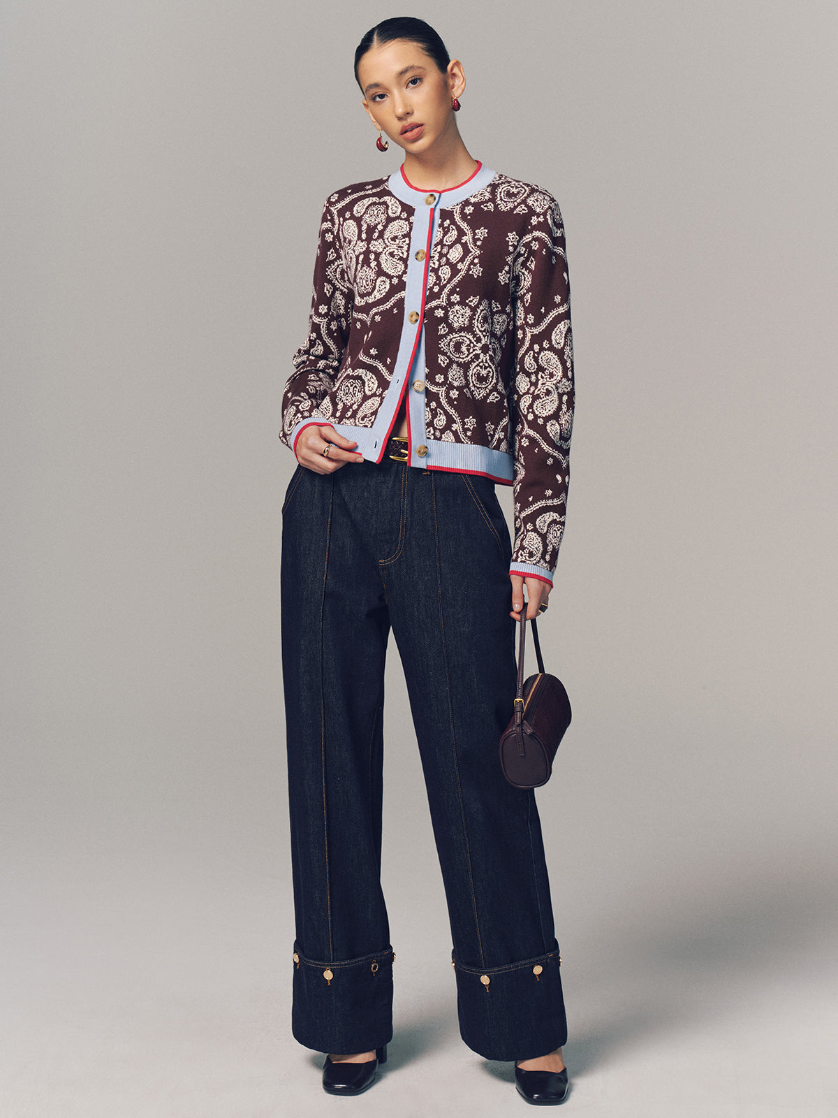 Contrast Trim Paisley Knit Cardigan-Chicvia