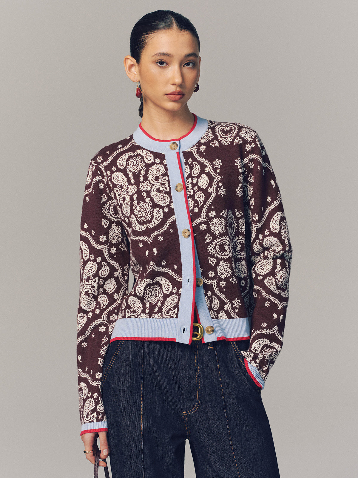 Contrast Trim Paisley Knit Cardigan-Chicvia