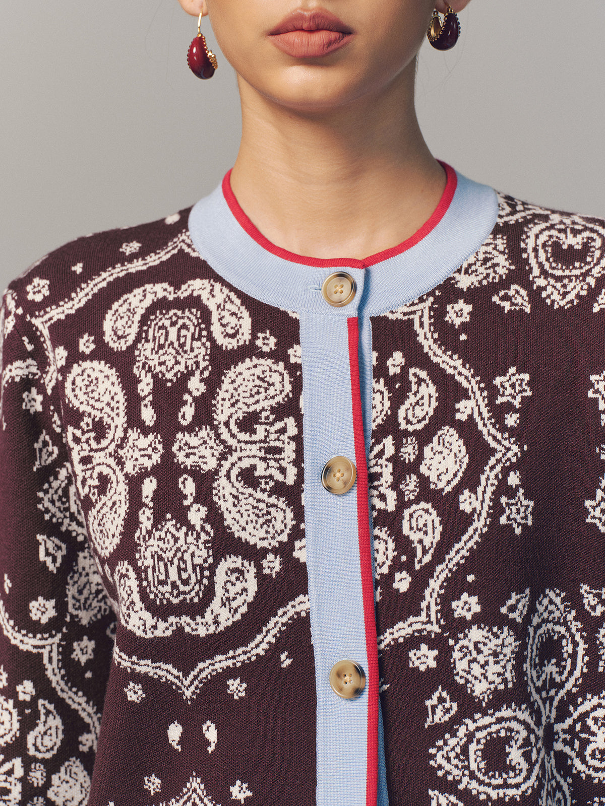 Contrast Trim Paisley Knit Cardigan-Chicvia