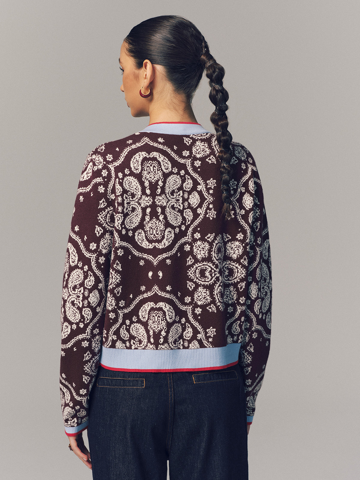 Contrast Trim Paisley Knit Cardigan-Chicvia