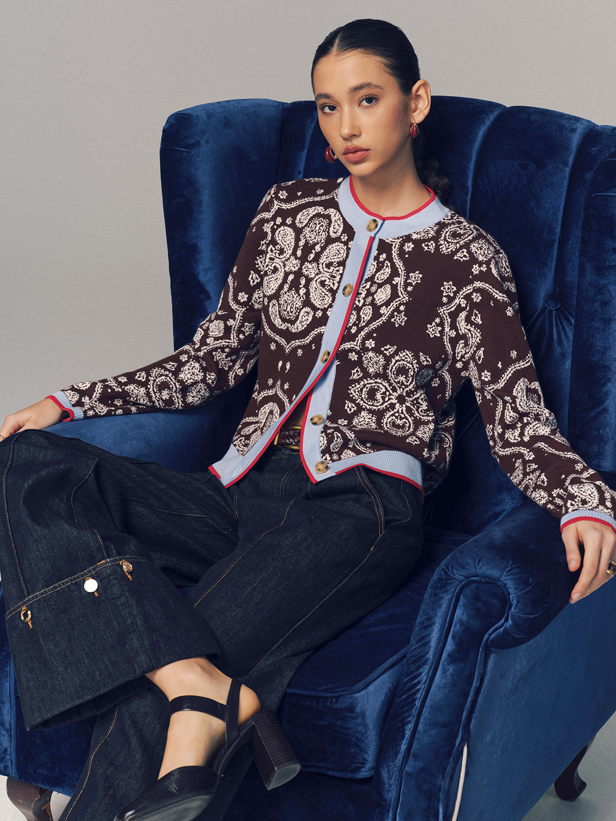 Contrast Trim Paisley Knit Cardigan-Chicvia