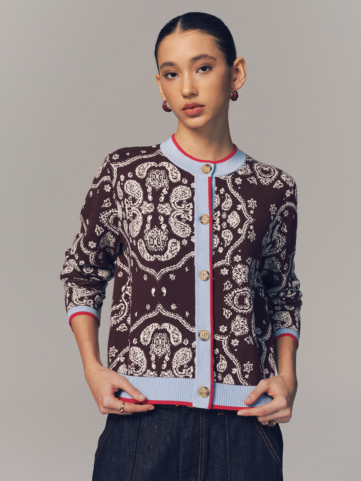 Contrast Trim Paisley Knit Cardigan-Chicvia