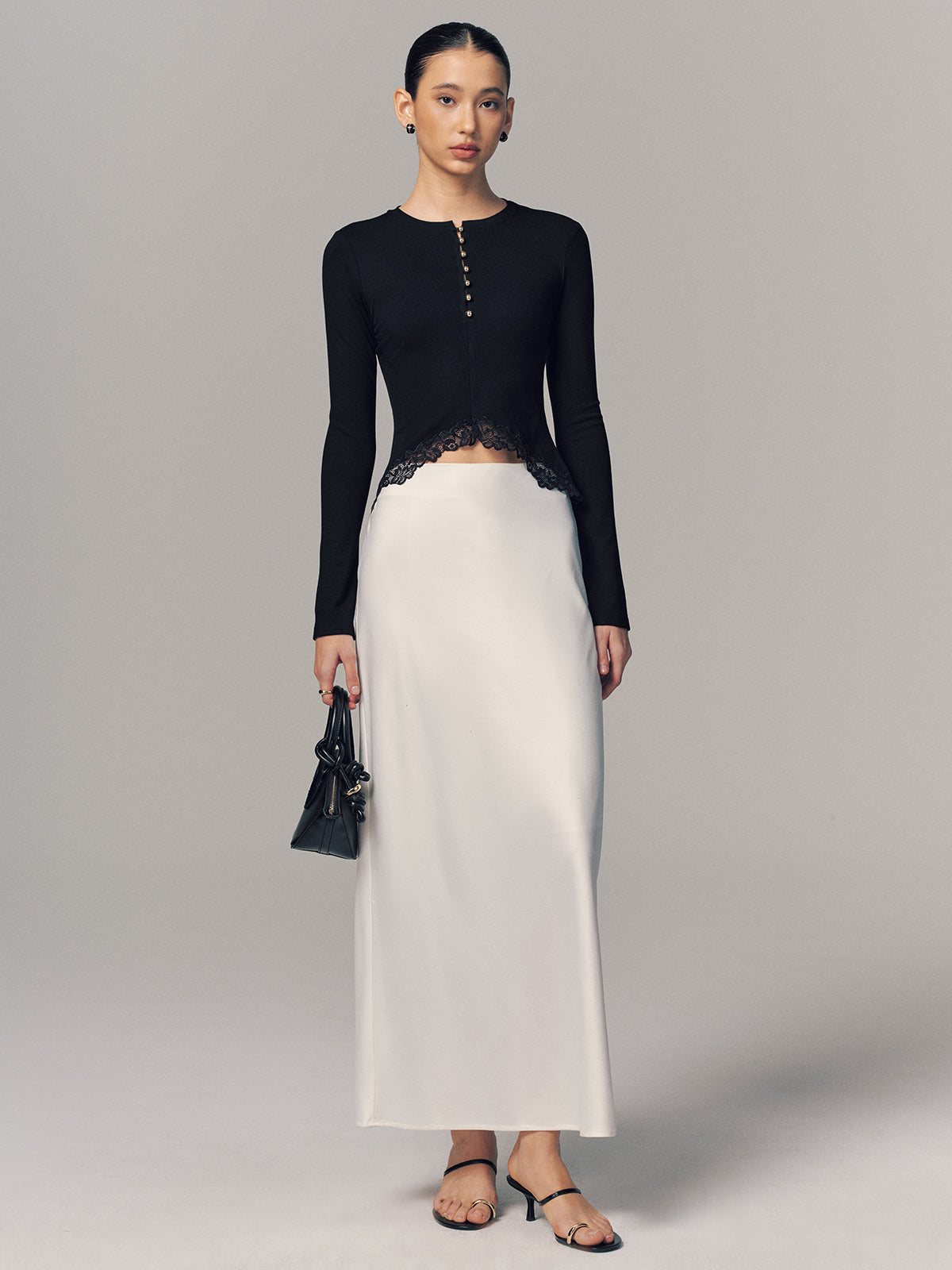 Lace Hem Metal Button Long-Sleeve Top-Chicvia