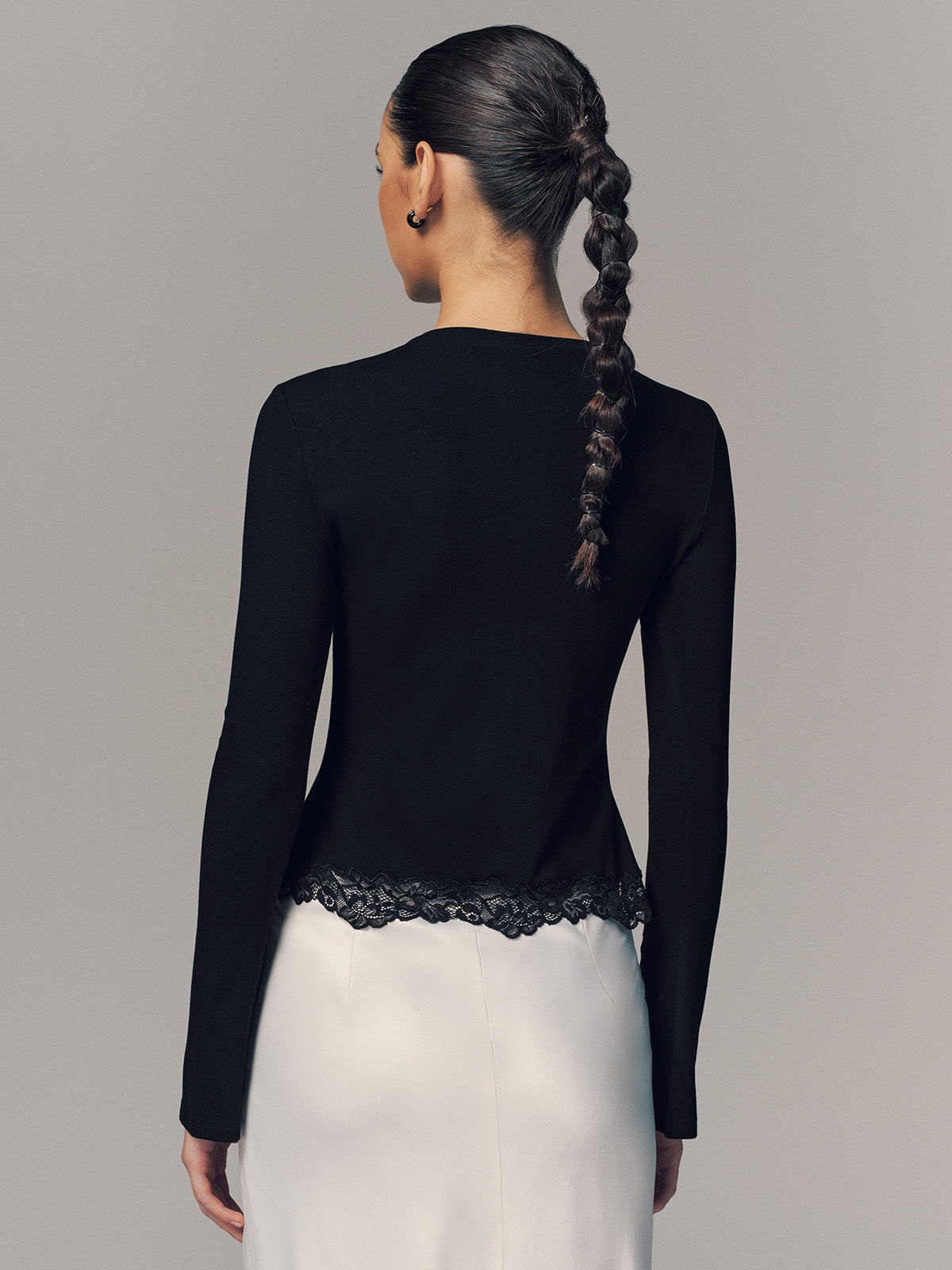 Lace Hem Metal Button Long-Sleeve Top-Chicvia