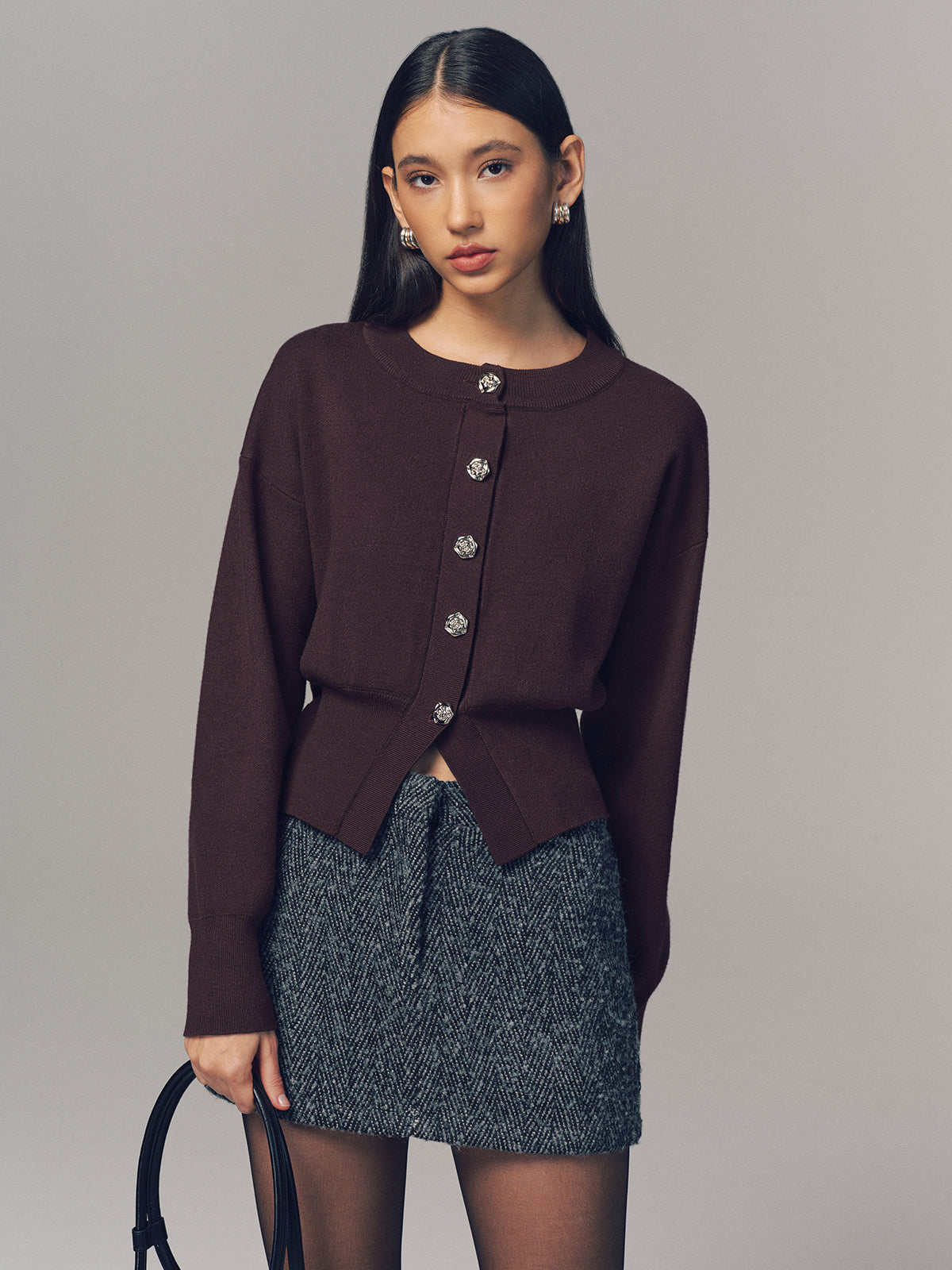 Metal Button Crew Neck Knit Cardigan-Chicvia