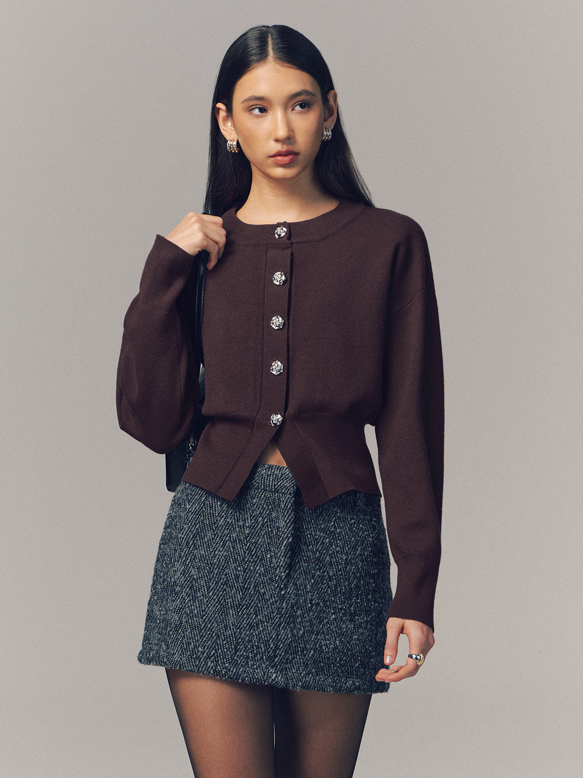 Metal Button Crew Neck Knit Cardigan-Chicvia