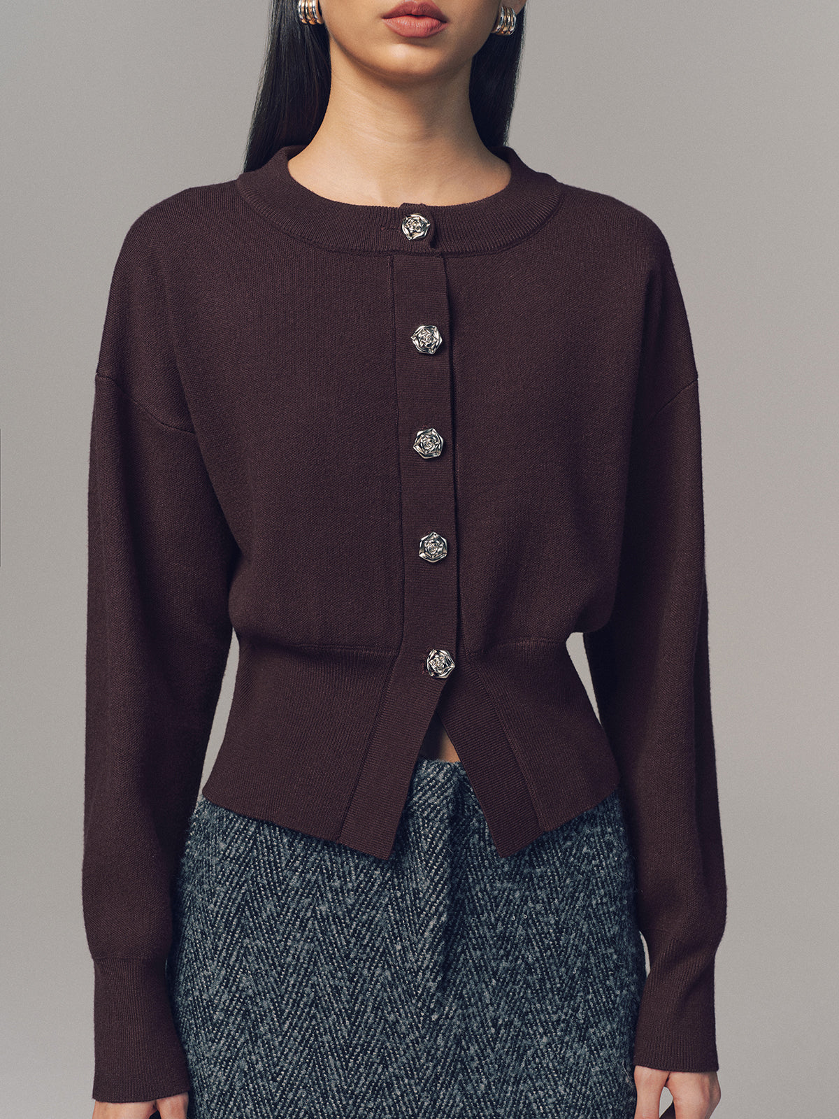 Metal Button Crew Neck Knit Cardigan-Chicvia