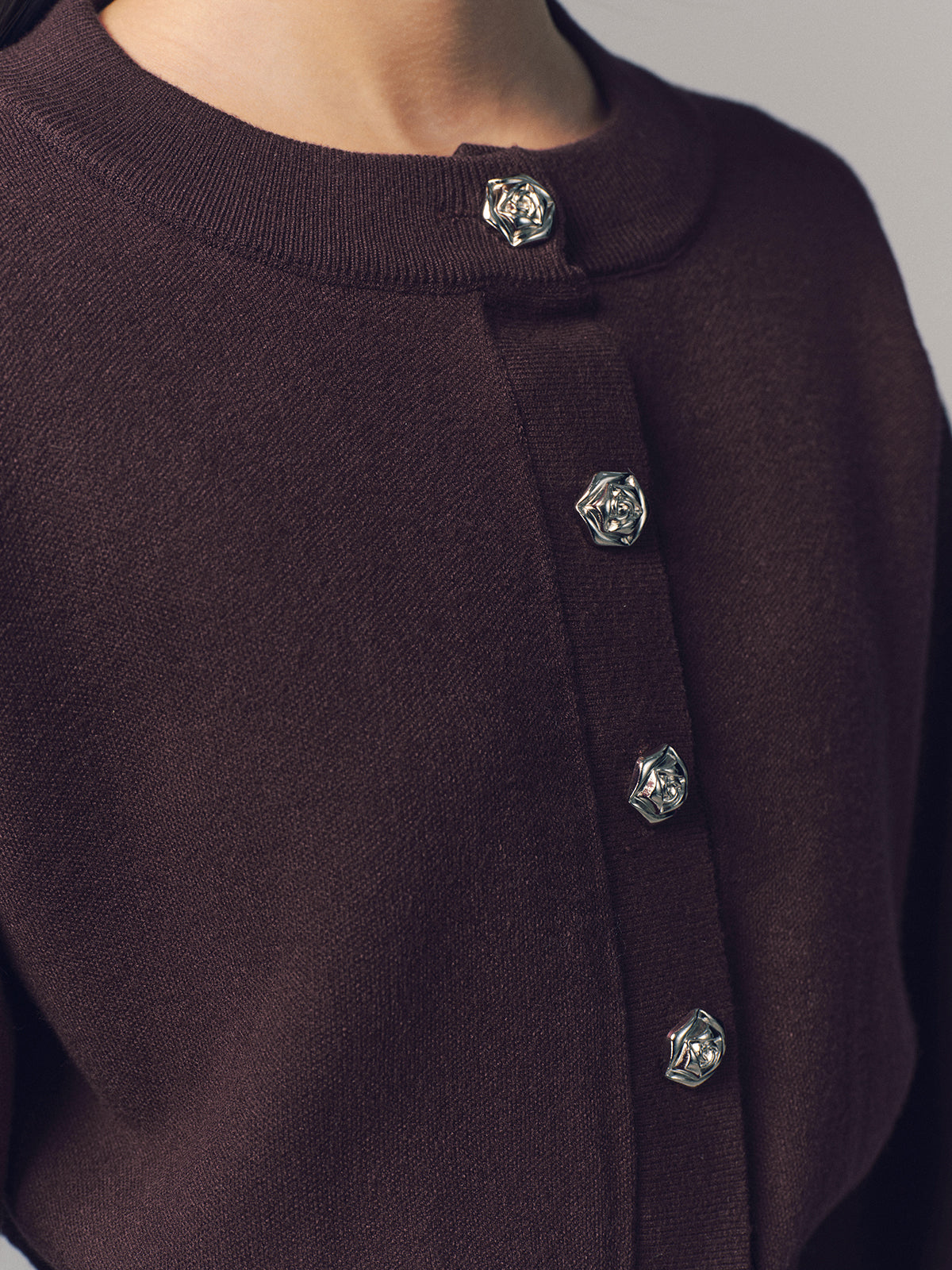 Metal Button Crew Neck Knit Cardigan-Chicvia