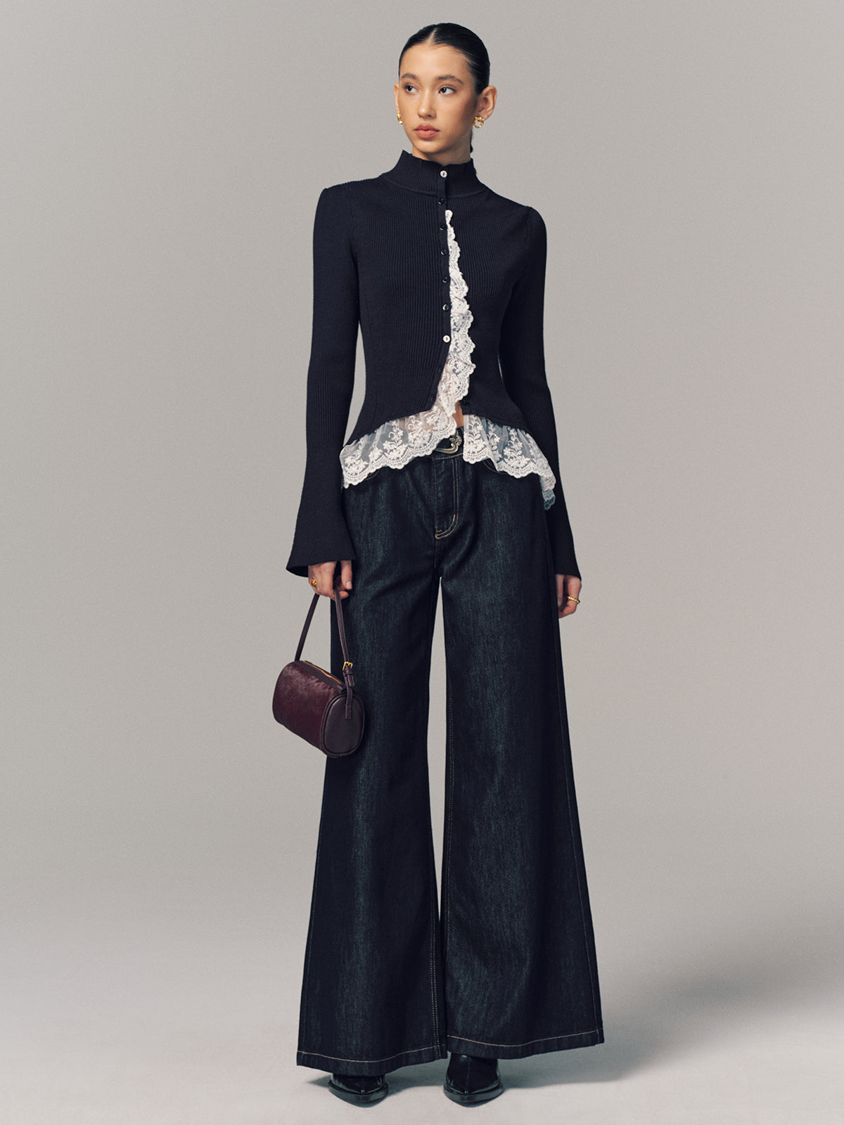 Ribbed Mock Neck Lace Trim Cardigan-Chicvia