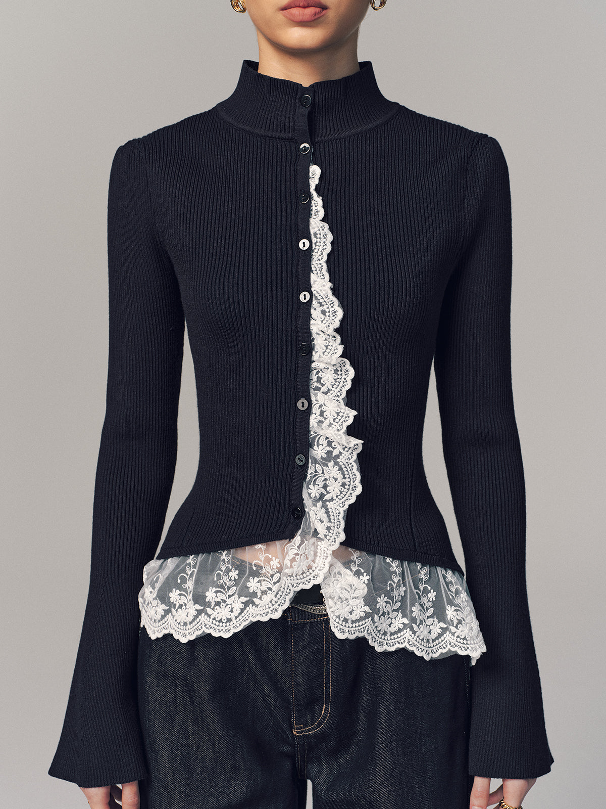 Ribbed Mock Neck Lace Trim Cardigan-Chicvia