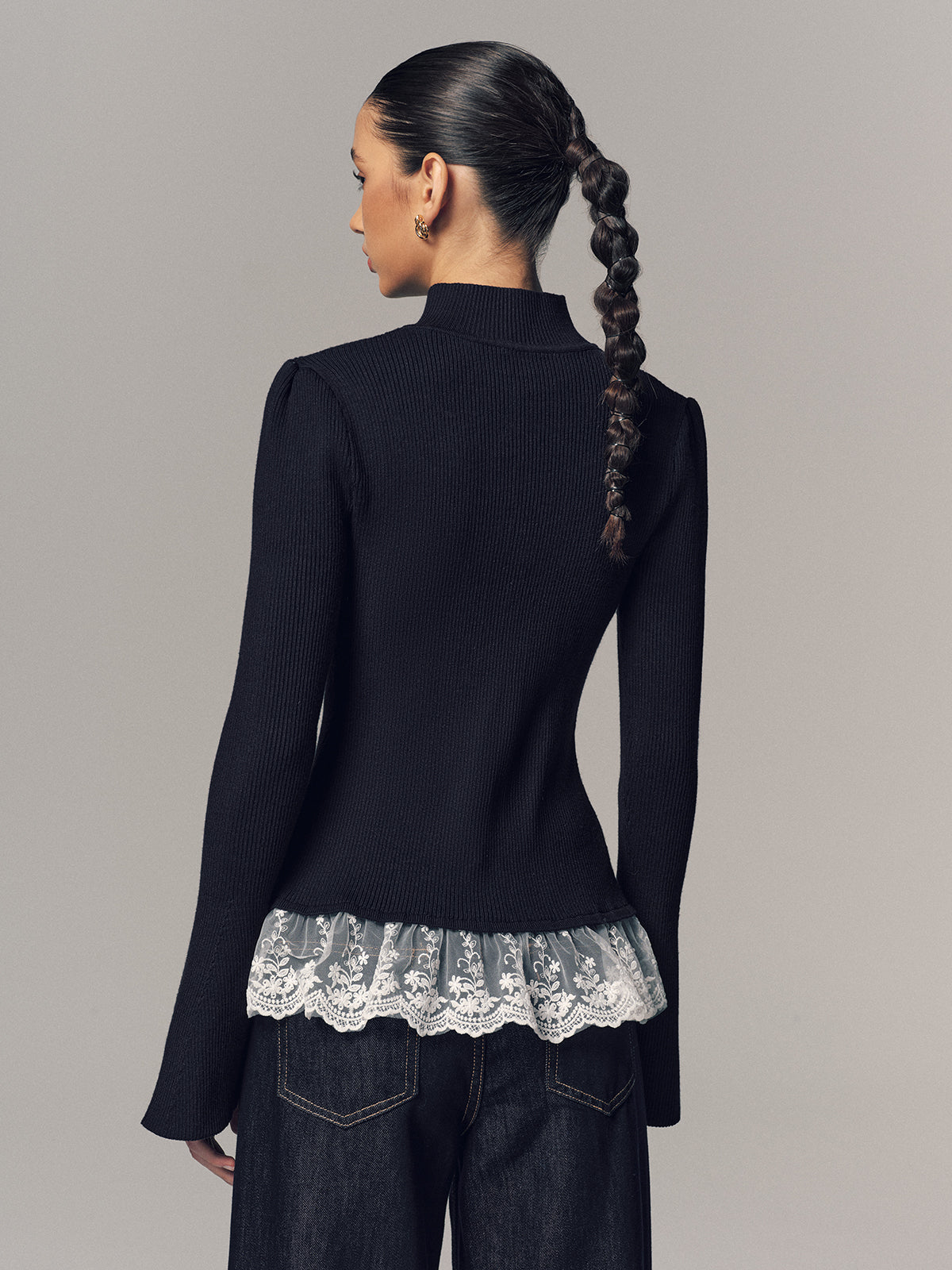 Ribbed Mock Neck Lace Trim Cardigan-Chicvia