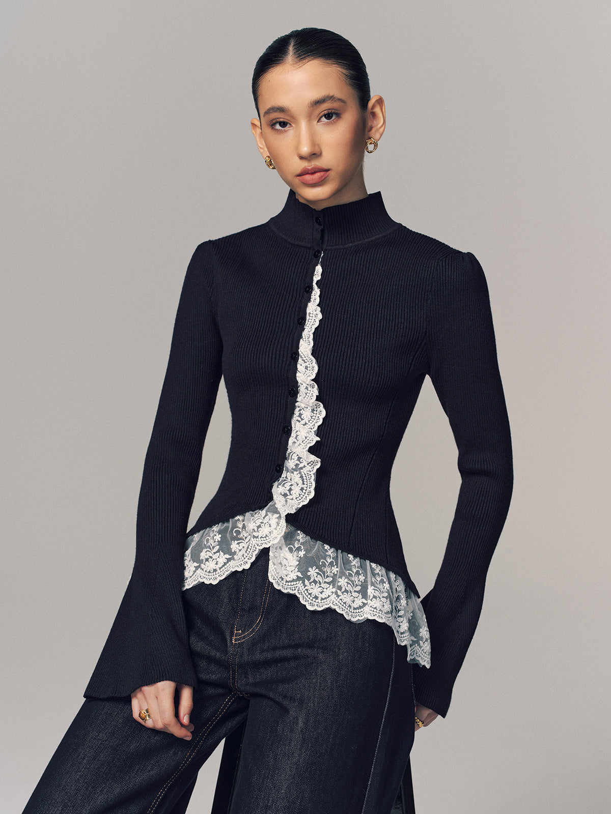 Ribbed Mock Neck Lace Trim Cardigan-Chicvia