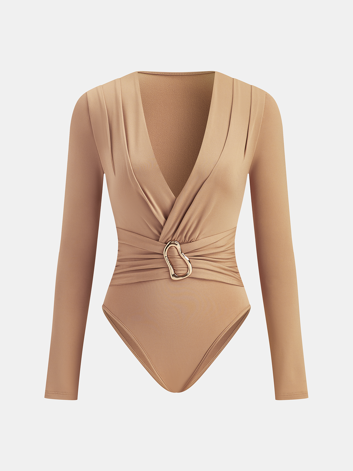Deep V-Neck Buckle Detail Long Sleeve Bodysuit-Chicvia