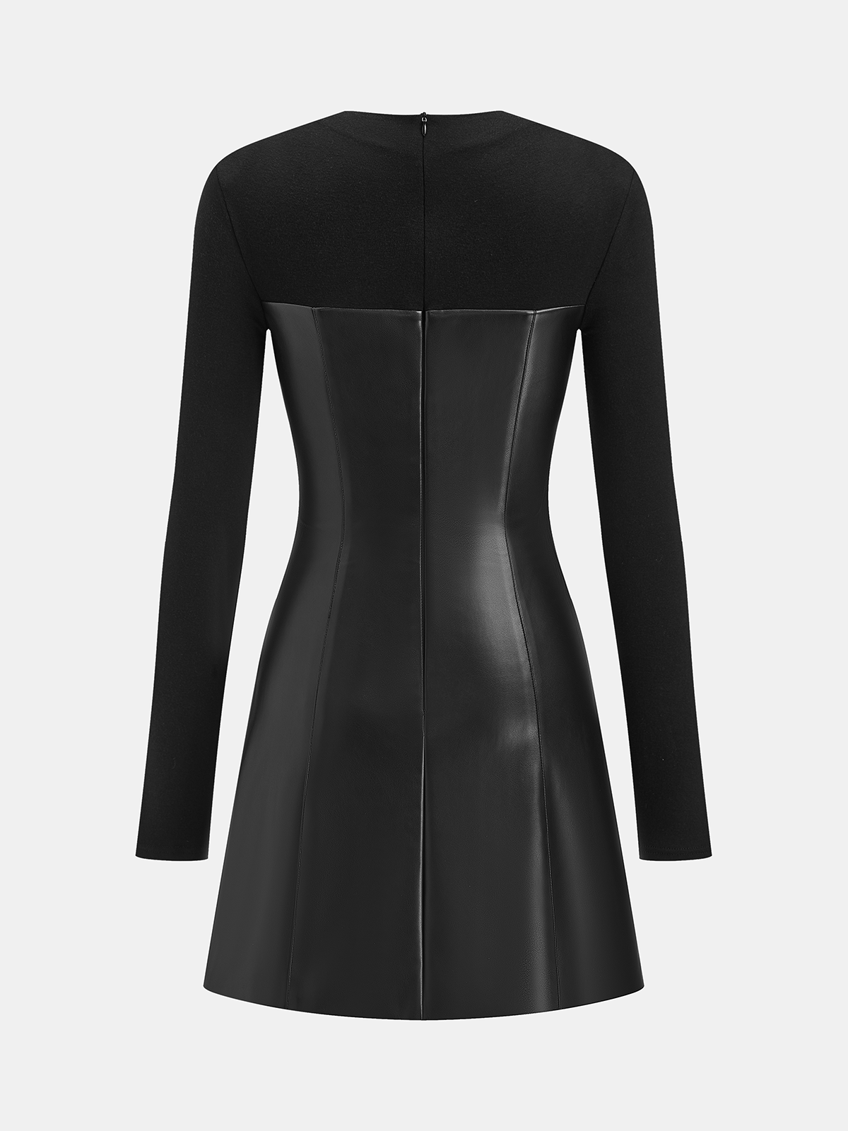 Faux Leather Panel Long Sleeve Rhinestone Trim Mini Dress-Chicvia