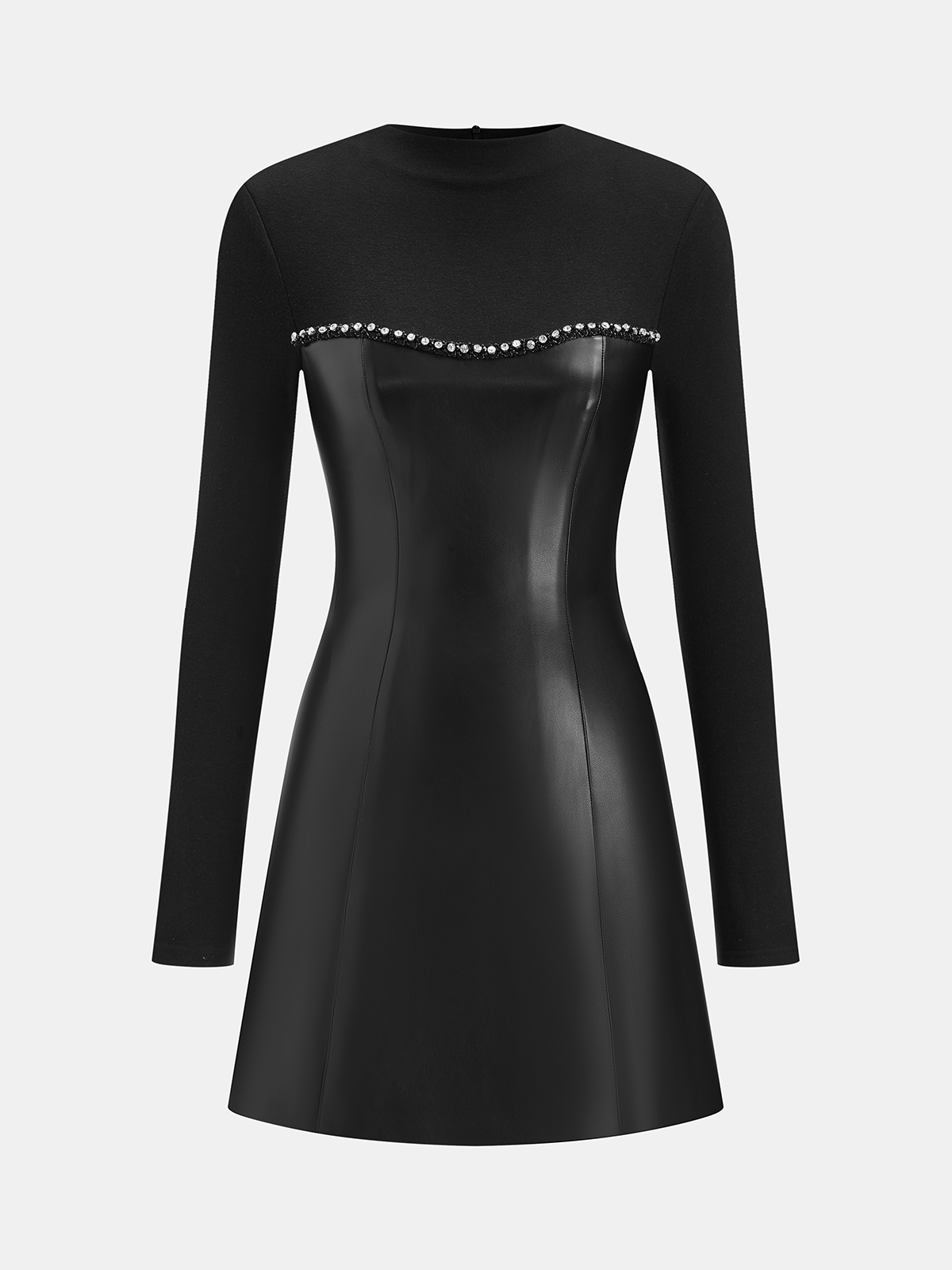 Faux Leather Panel Long Sleeve Rhinestone Trim Mini Dress-Chicvia