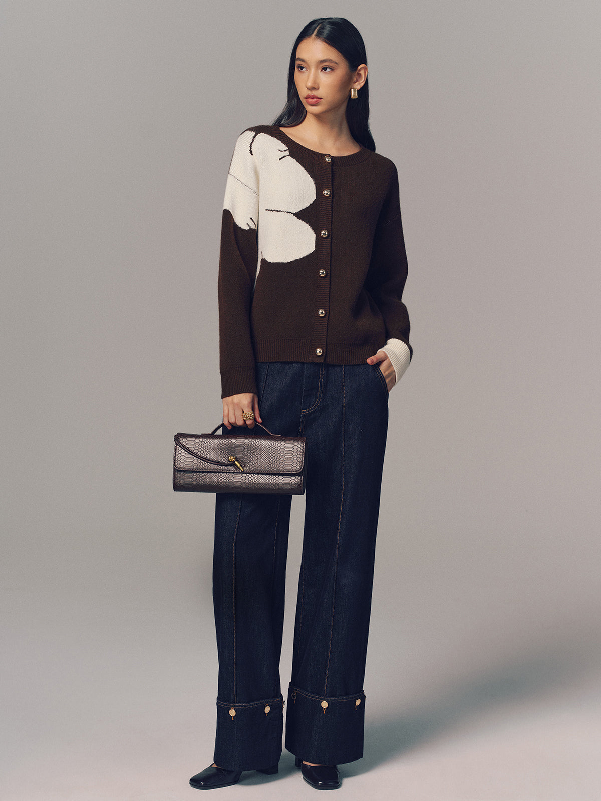 Contrast Floral Button-Front Cardigan-Chicvia