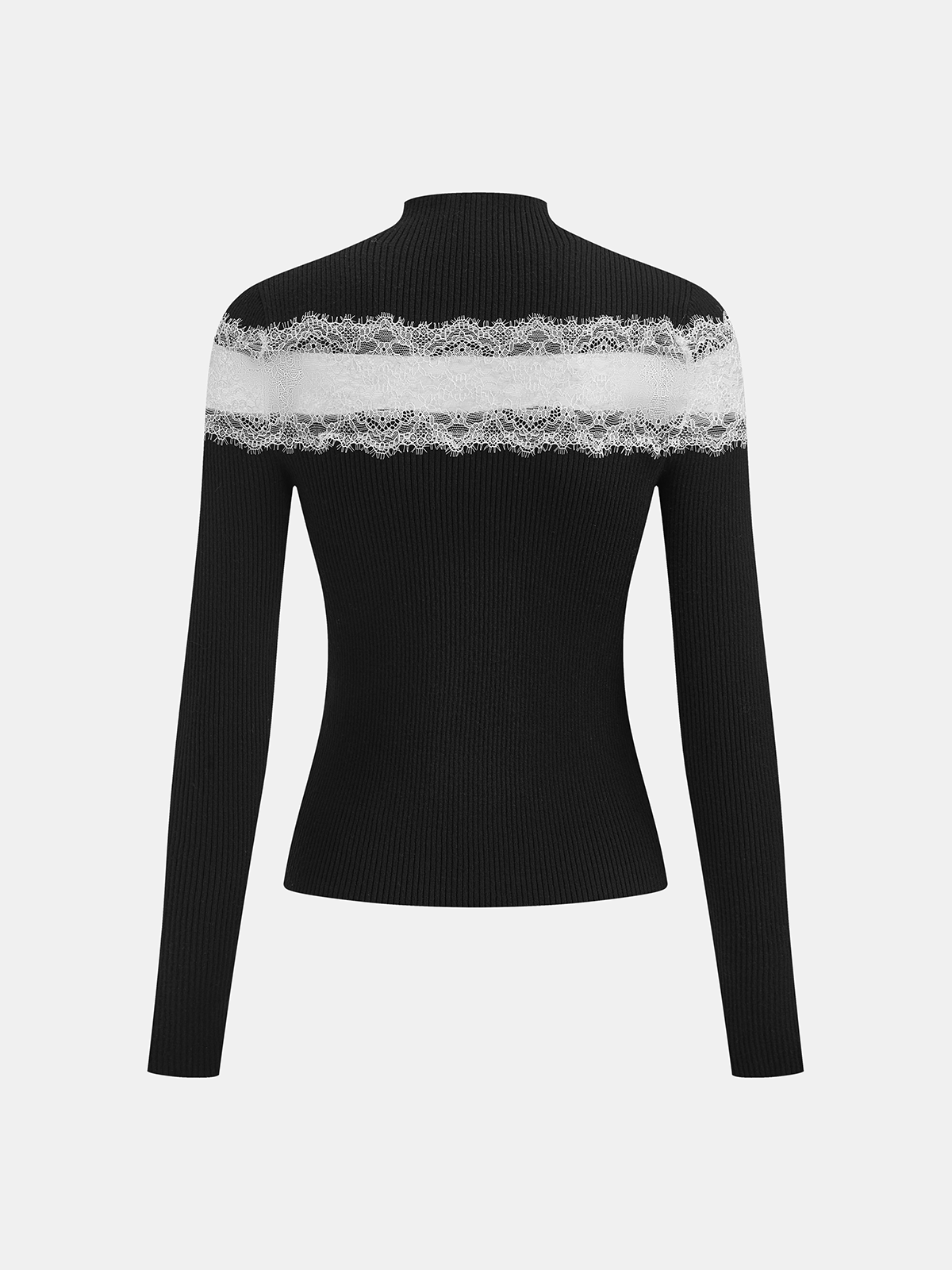 Mock Neck Ribbed Lace Panel Top-Chicvia