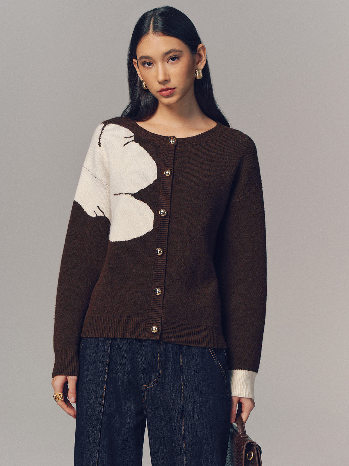 Contrast Floral Button-Front Cardigan-Chicvia