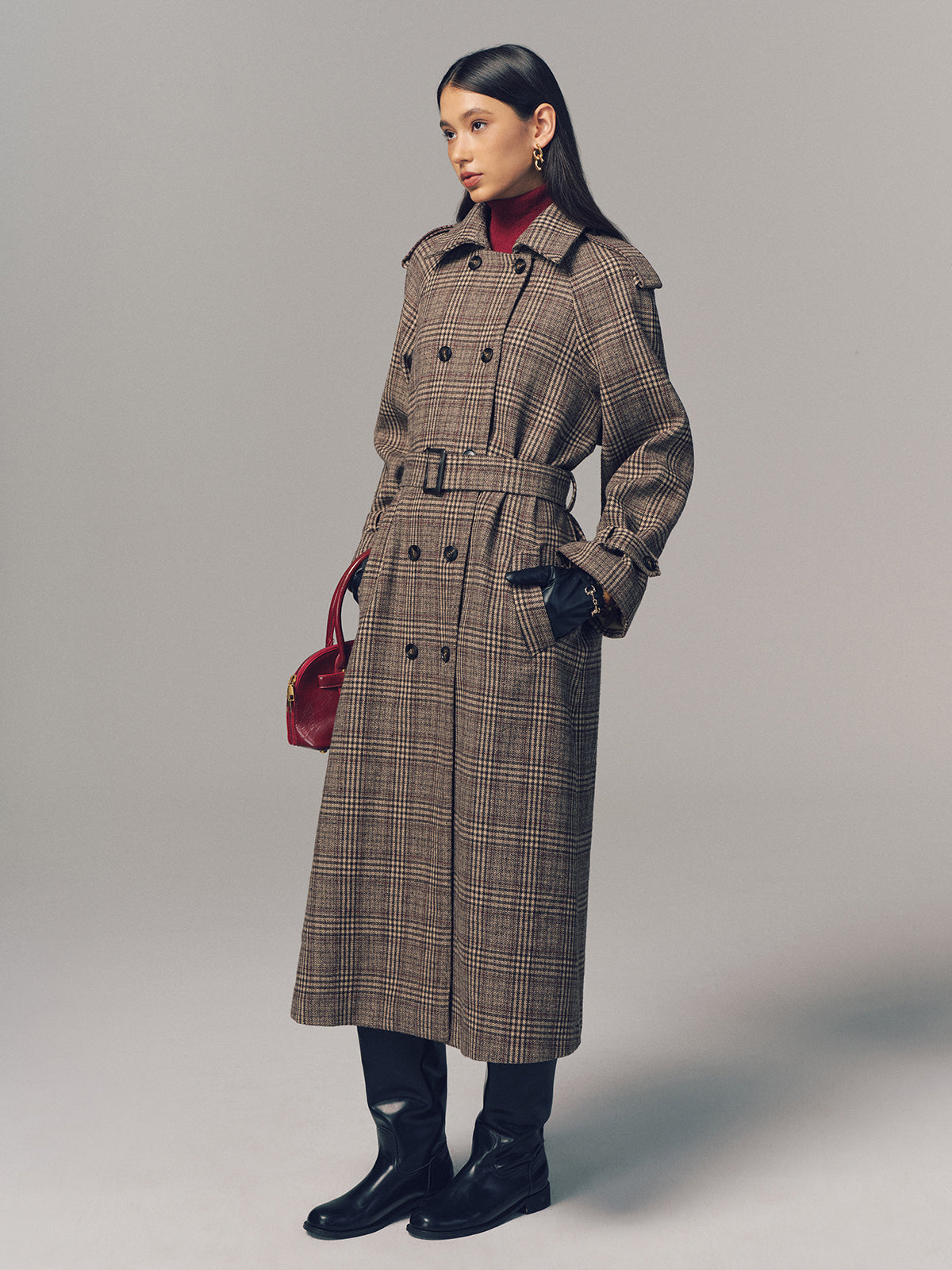 Belted Plaid Double-Breasted Long Trench Coat-Chicvia