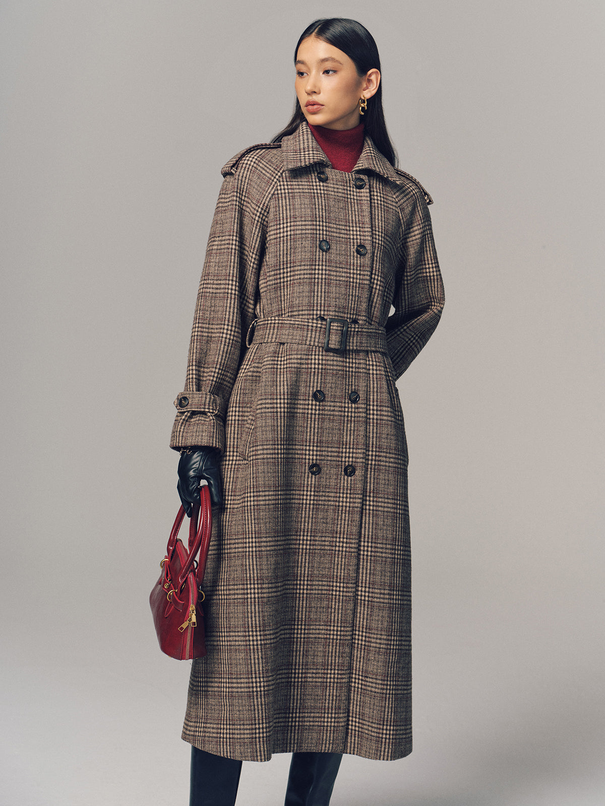 Belted Plaid Double-Breasted Long Trench Coat-Chicvia