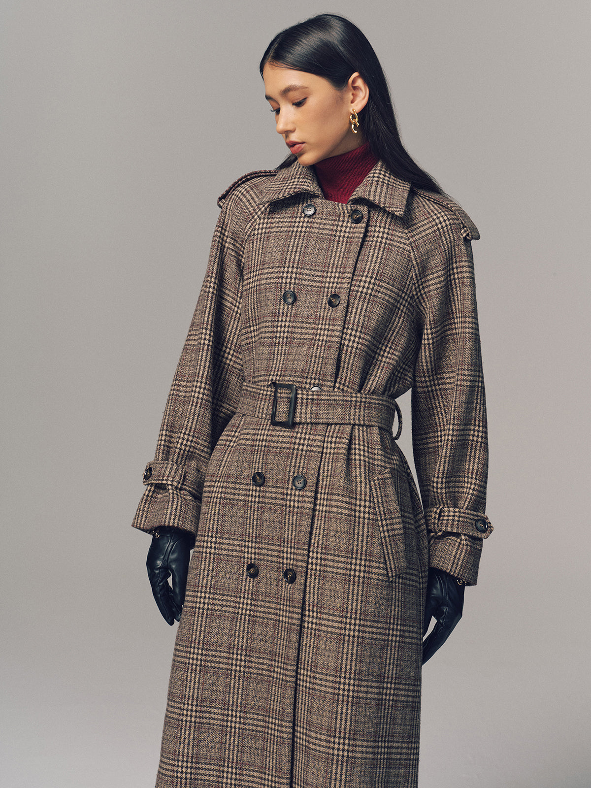 Belted Plaid Double-Breasted Long Trench Coat-Chicvia