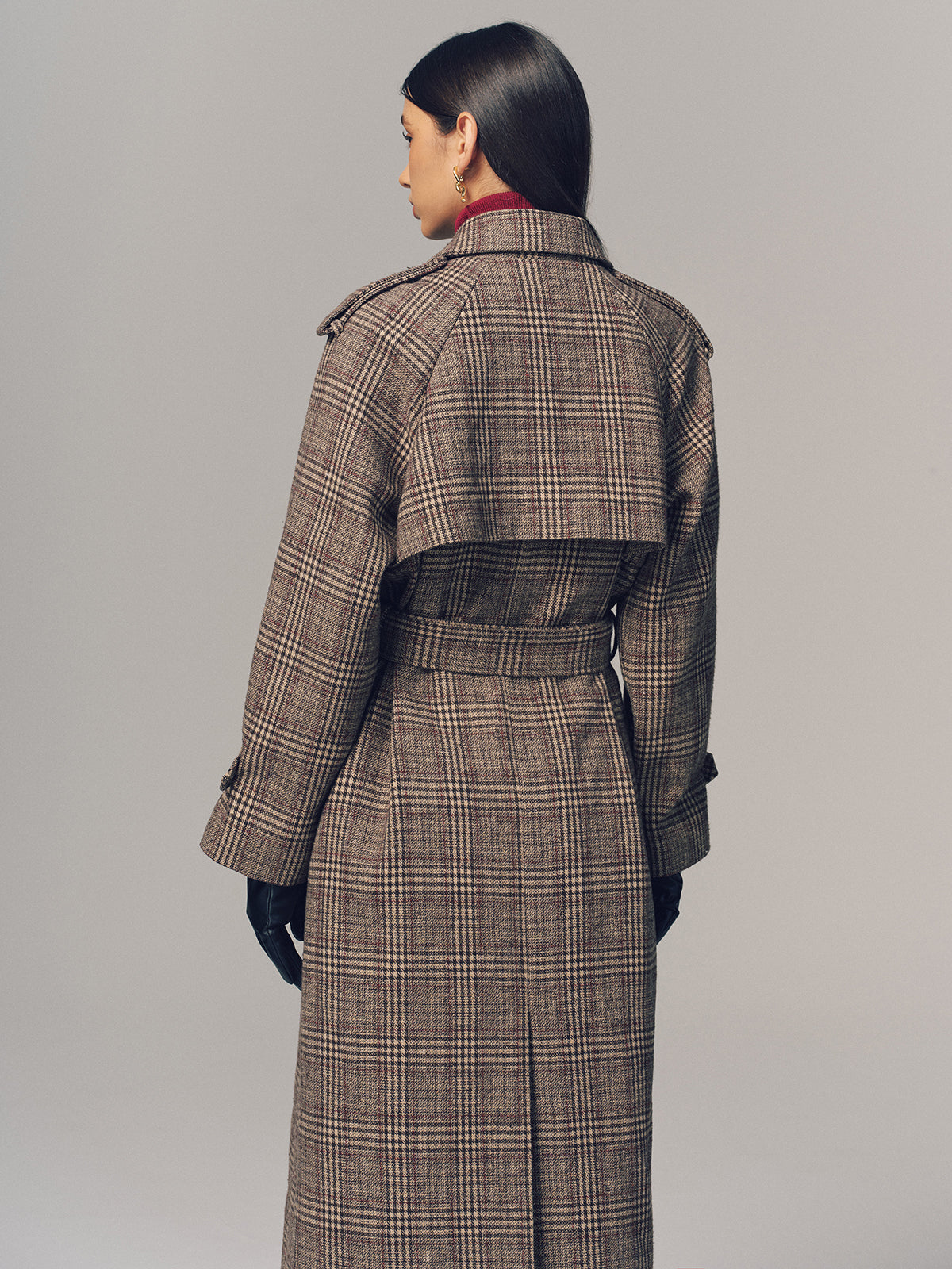 Belted Plaid Double-Breasted Long Trench Coat-Chicvia