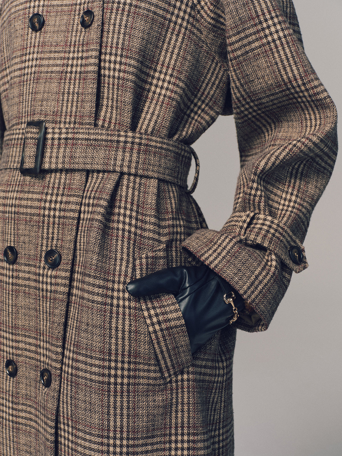 Belted Plaid Double-Breasted Long Trench Coat-Chicvia