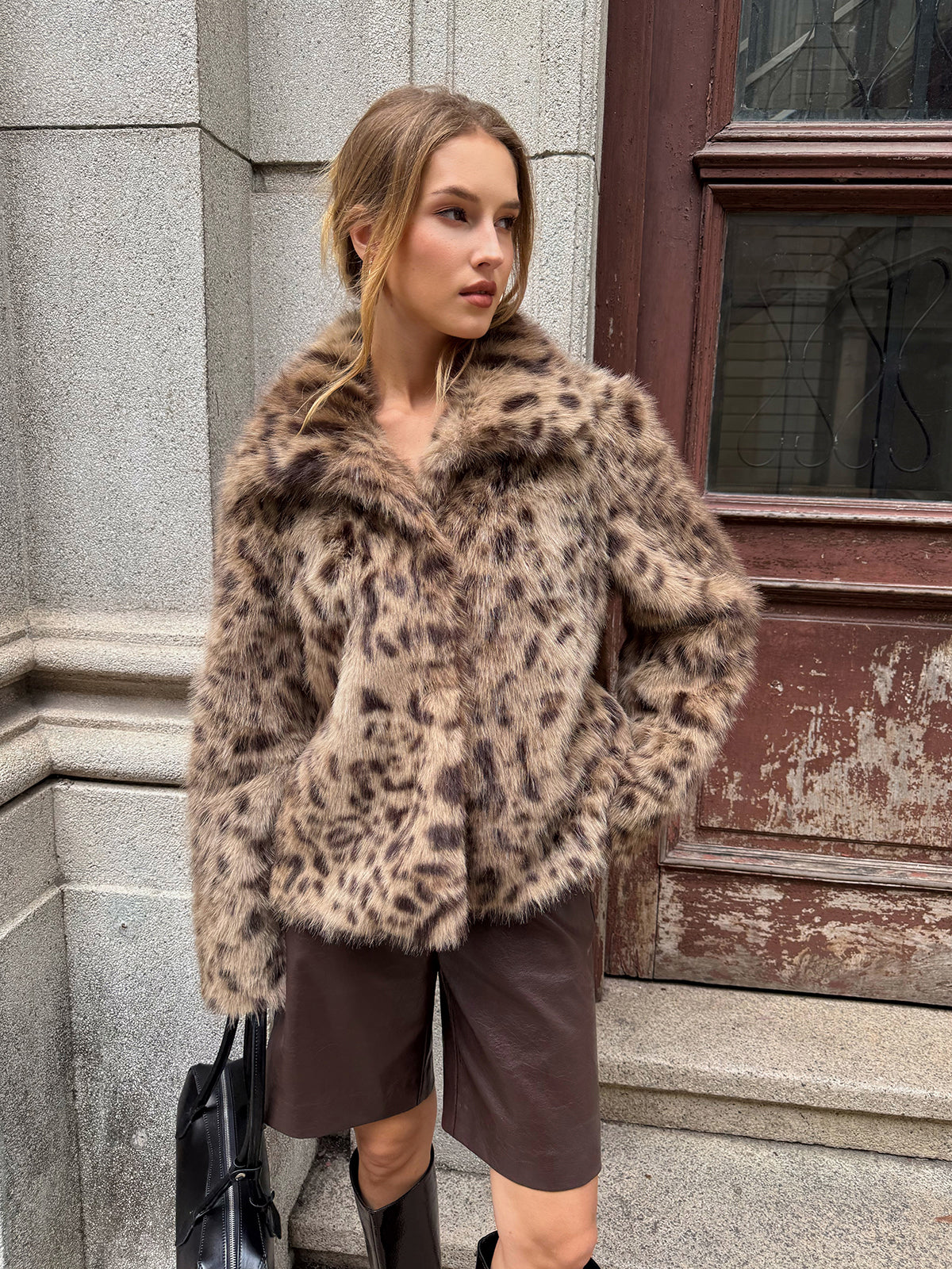 Leopard Print Faux Fur Coat-Chicvia