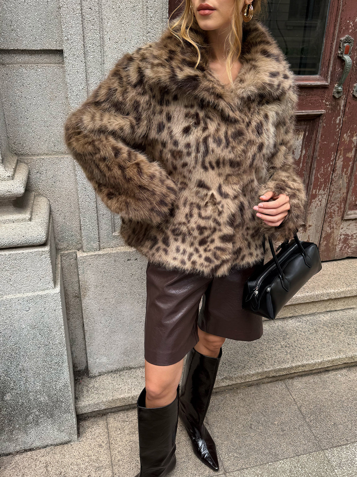 Leopard Print Faux Fur Coat-Chicvia