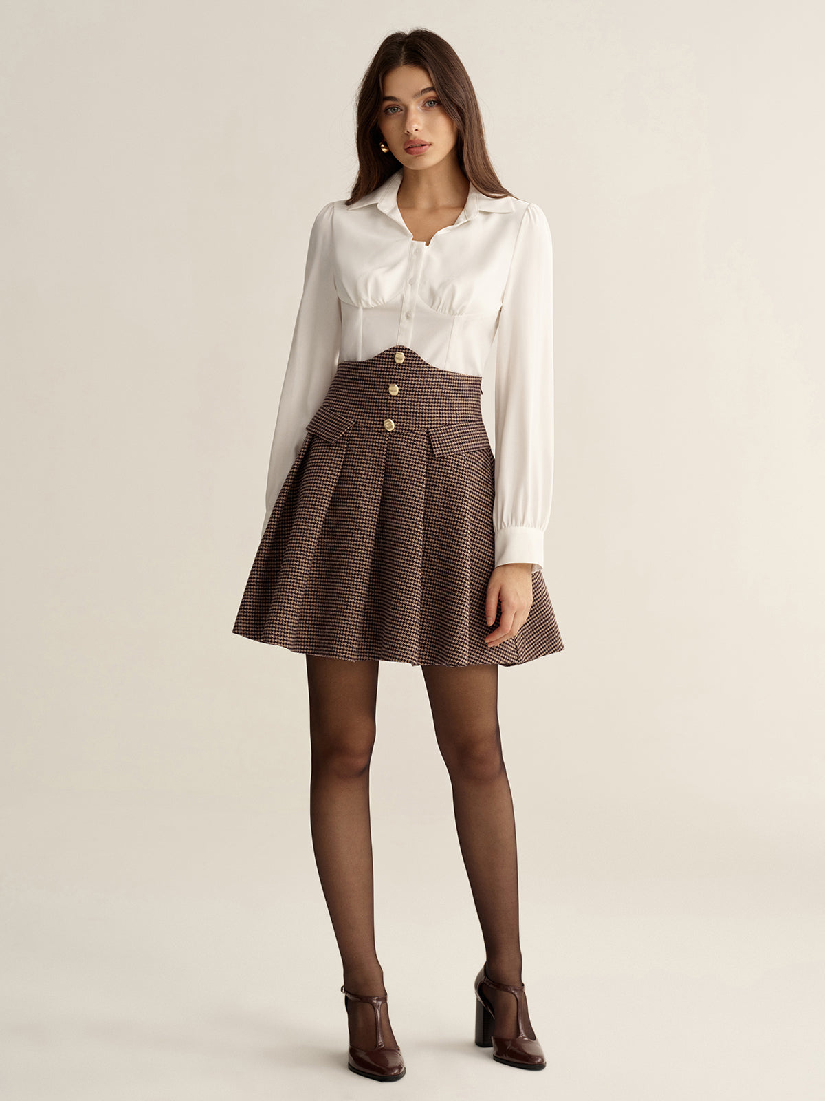 Houndstooth High-Waisted Pleated Mini Skirt-Chicvia