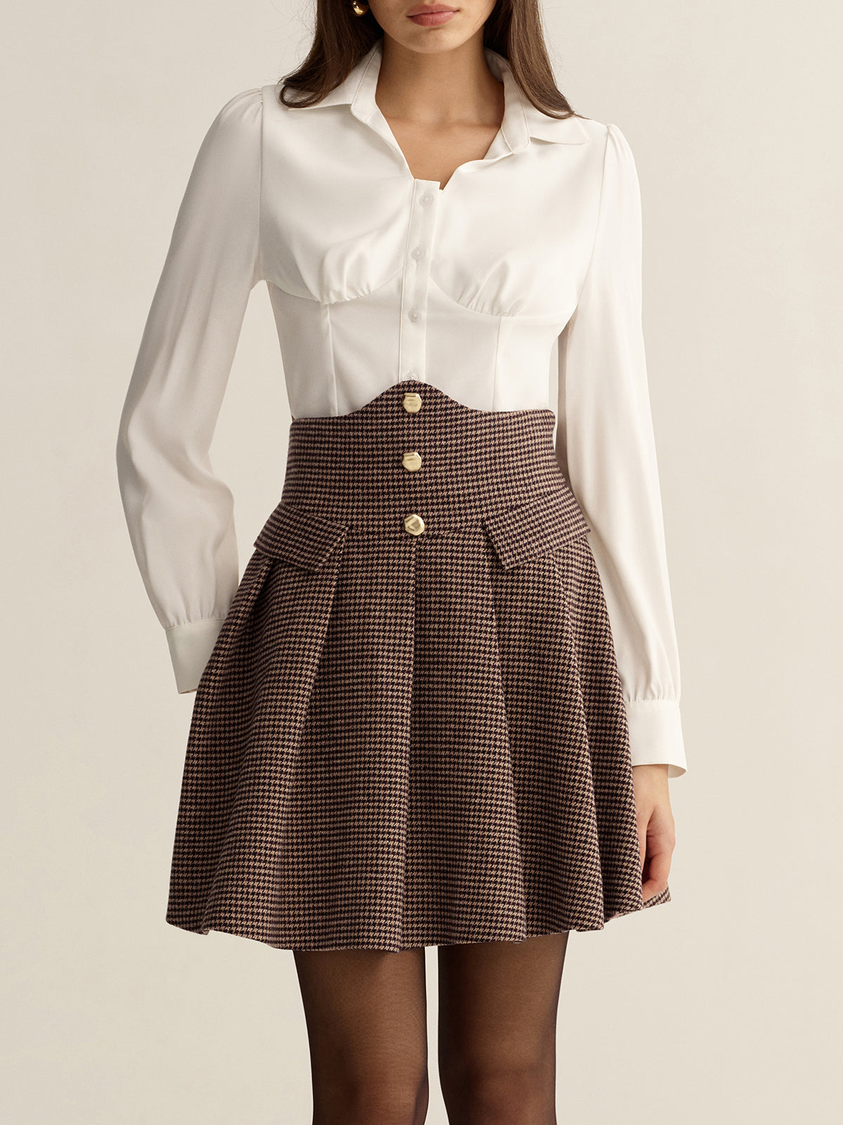 Houndstooth High-Waisted Pleated Mini Skirt-Chicvia