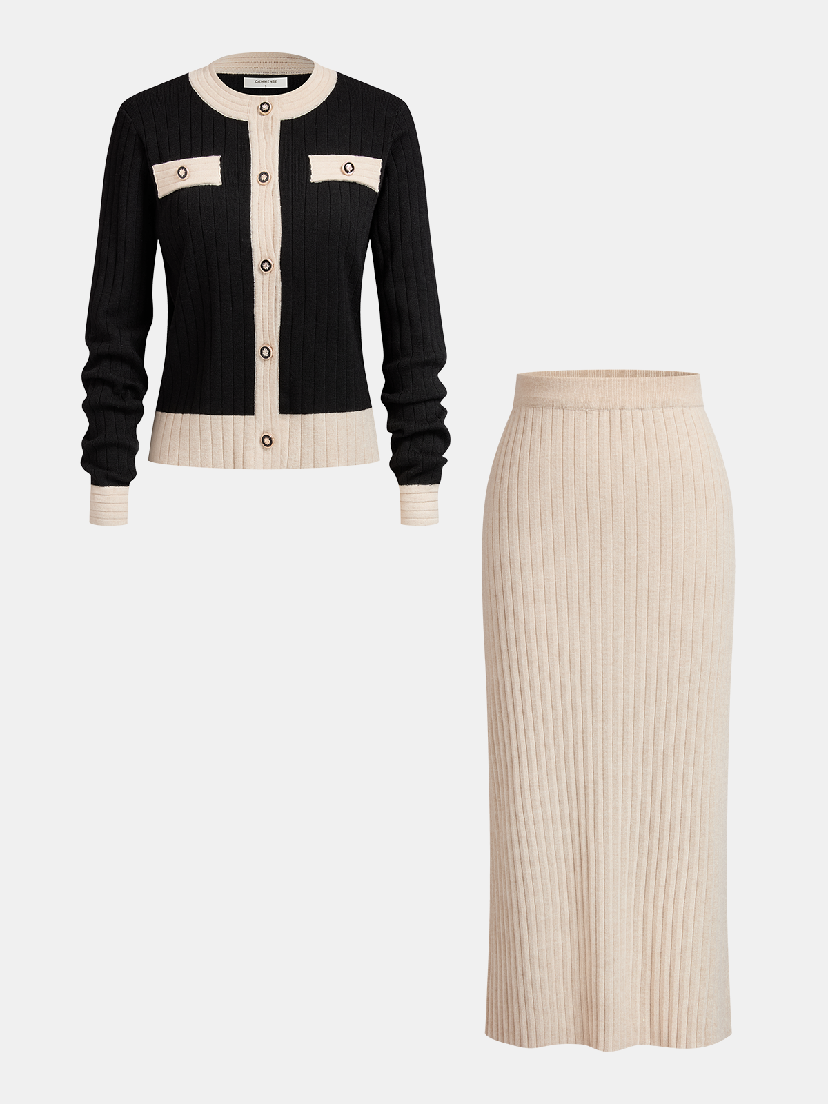 Contrast-Trim Rib-Knit Cardigan & Midi Skirt Set-Chicvia