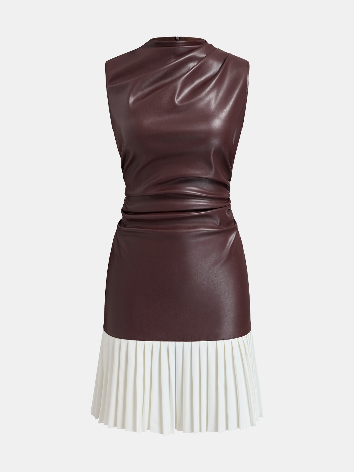 Pleated Panel Faux Leather Mini Dress-Chicvia