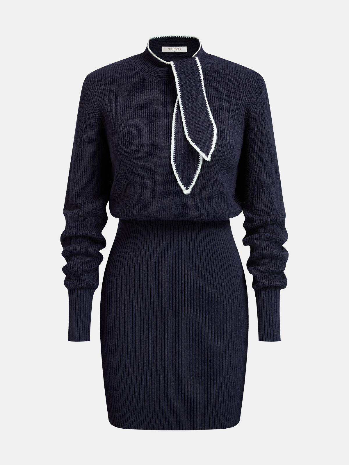 Contrast-Trim Tie-Neck Knit Midi Dress-Chicvia