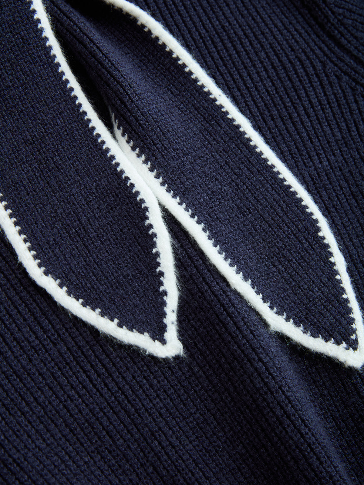 Contrast-Trim Tie-Neck Knit Midi Dress-Chicvia