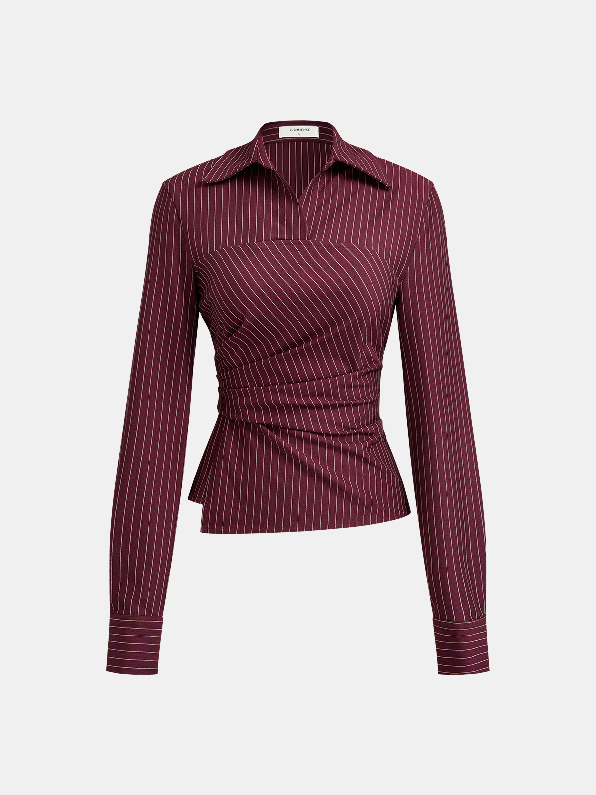 Pinstripe Ruched Collared Blouse-Chicvia
