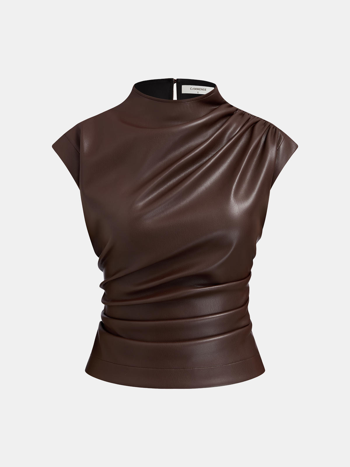 Mock Neck Ruched Cap-Sleeve Faux Leather Top-Chicvia
