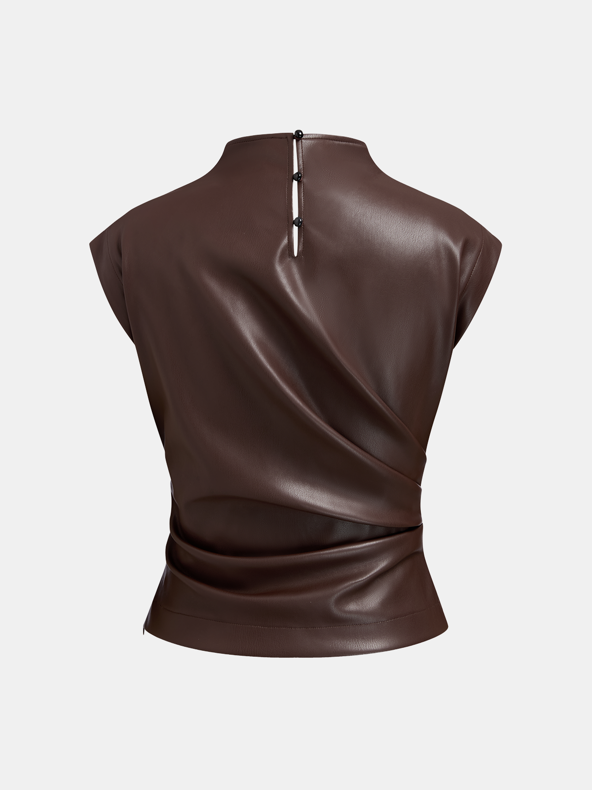 Mock Neck Ruched Cap-Sleeve Faux Leather Top-Chicvia