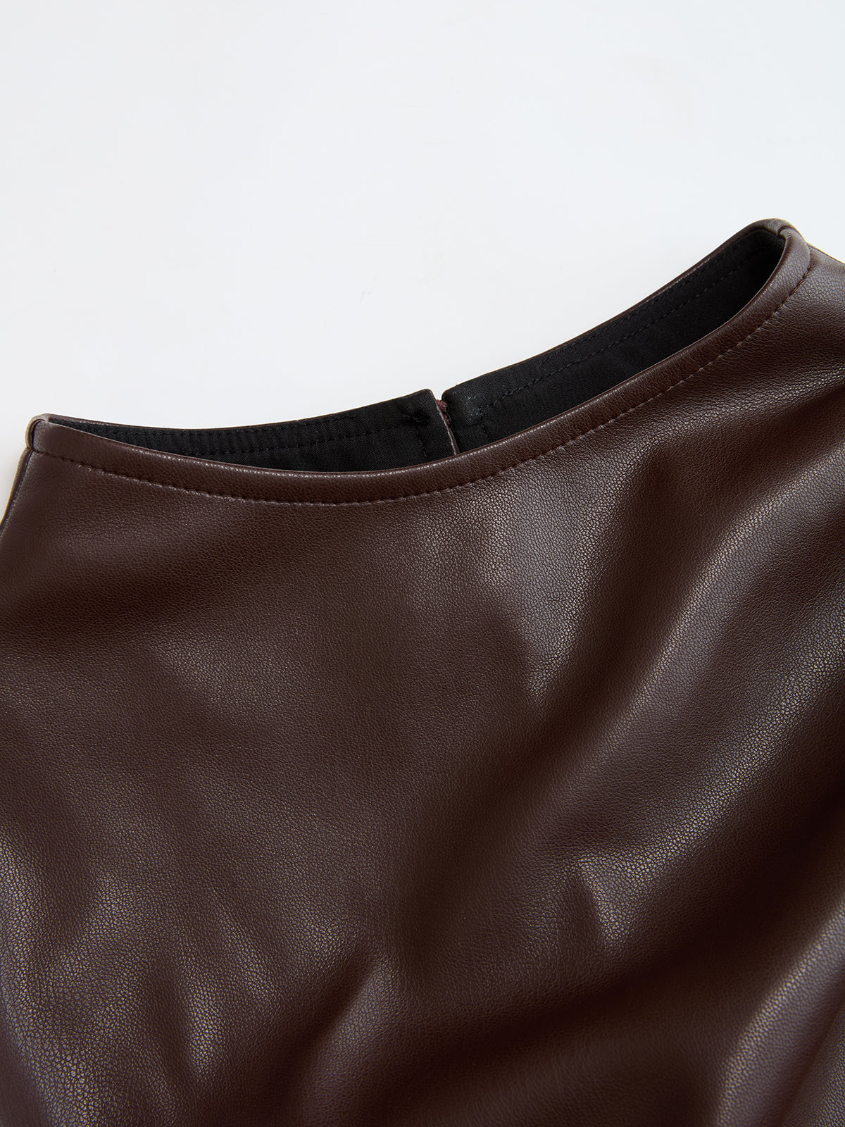 Mock Neck Ruched Cap-Sleeve Faux Leather Top-Chicvia