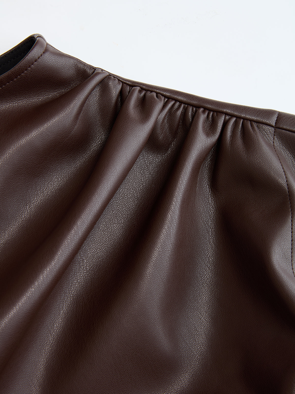 Mock Neck Ruched Cap-Sleeve Faux Leather Top-Chicvia