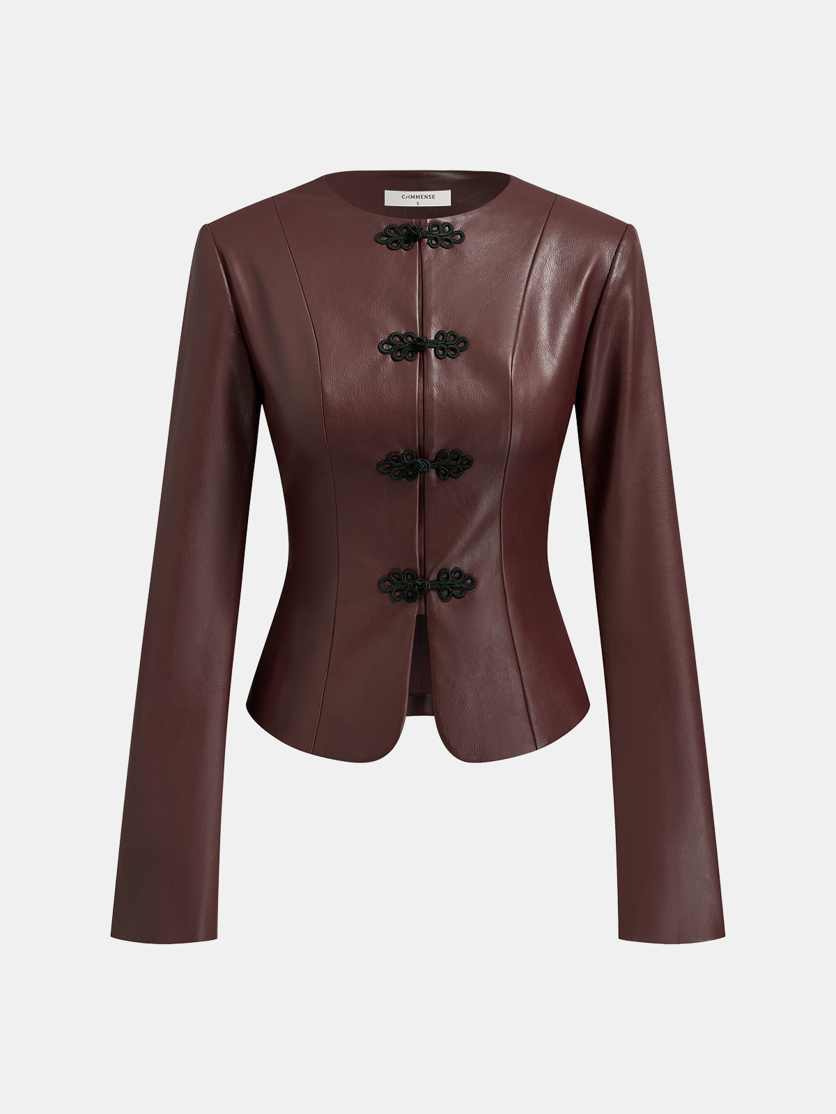 Frog-Closure Faux Leather Blazer-Chicvia