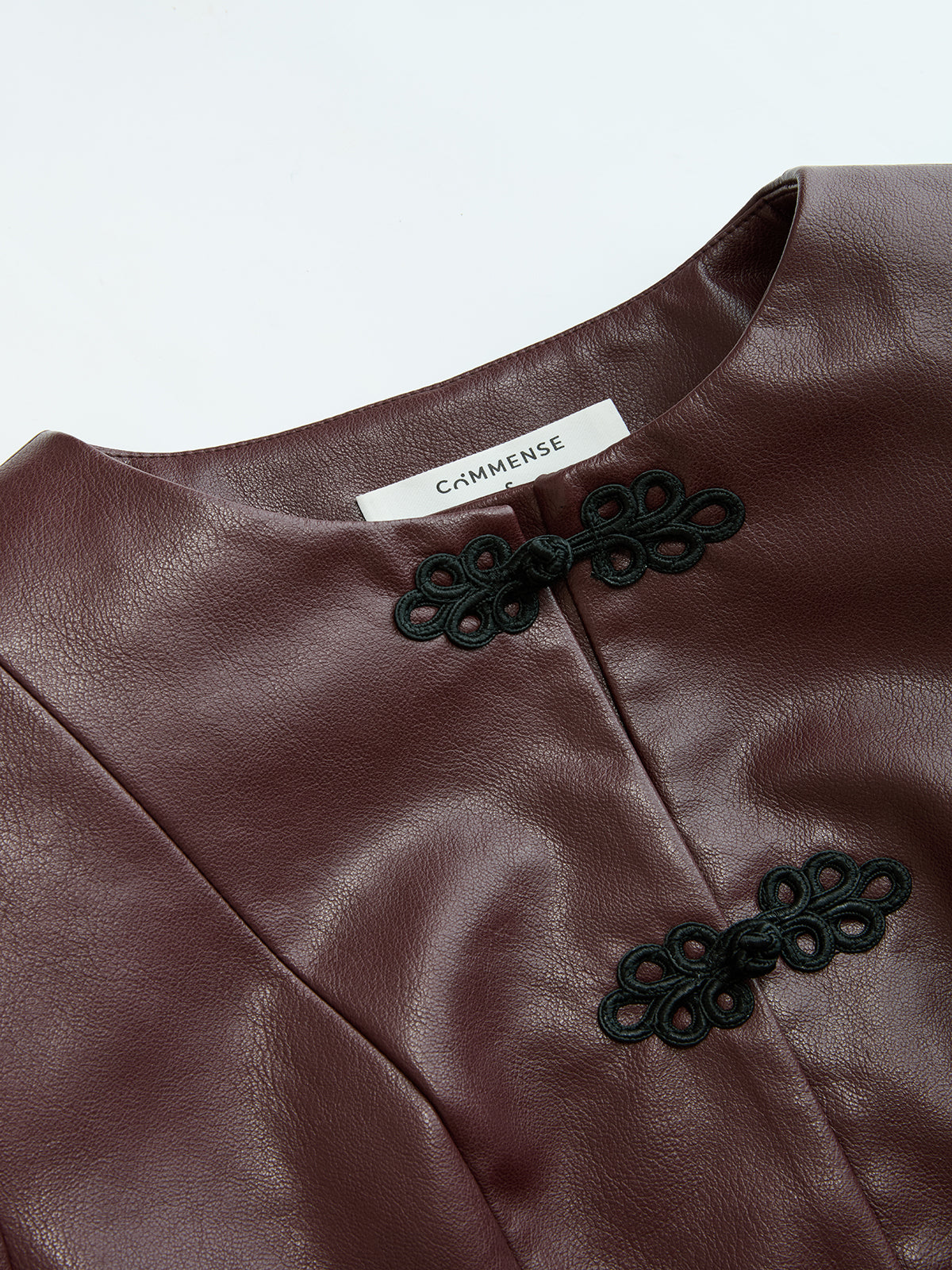 Frog-Closure Faux Leather Blazer-Chicvia