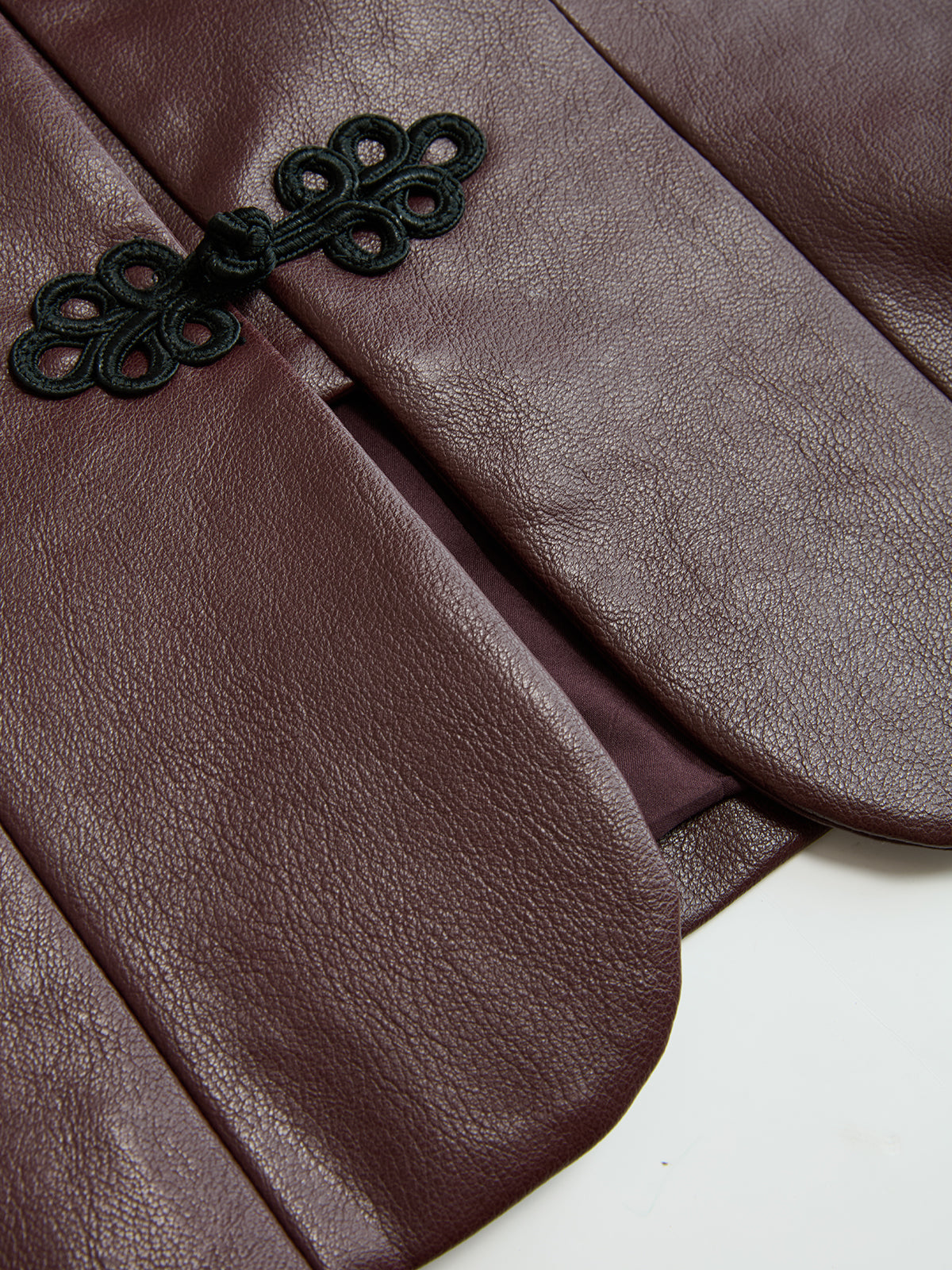 Frog-Closure Faux Leather Blazer-Chicvia