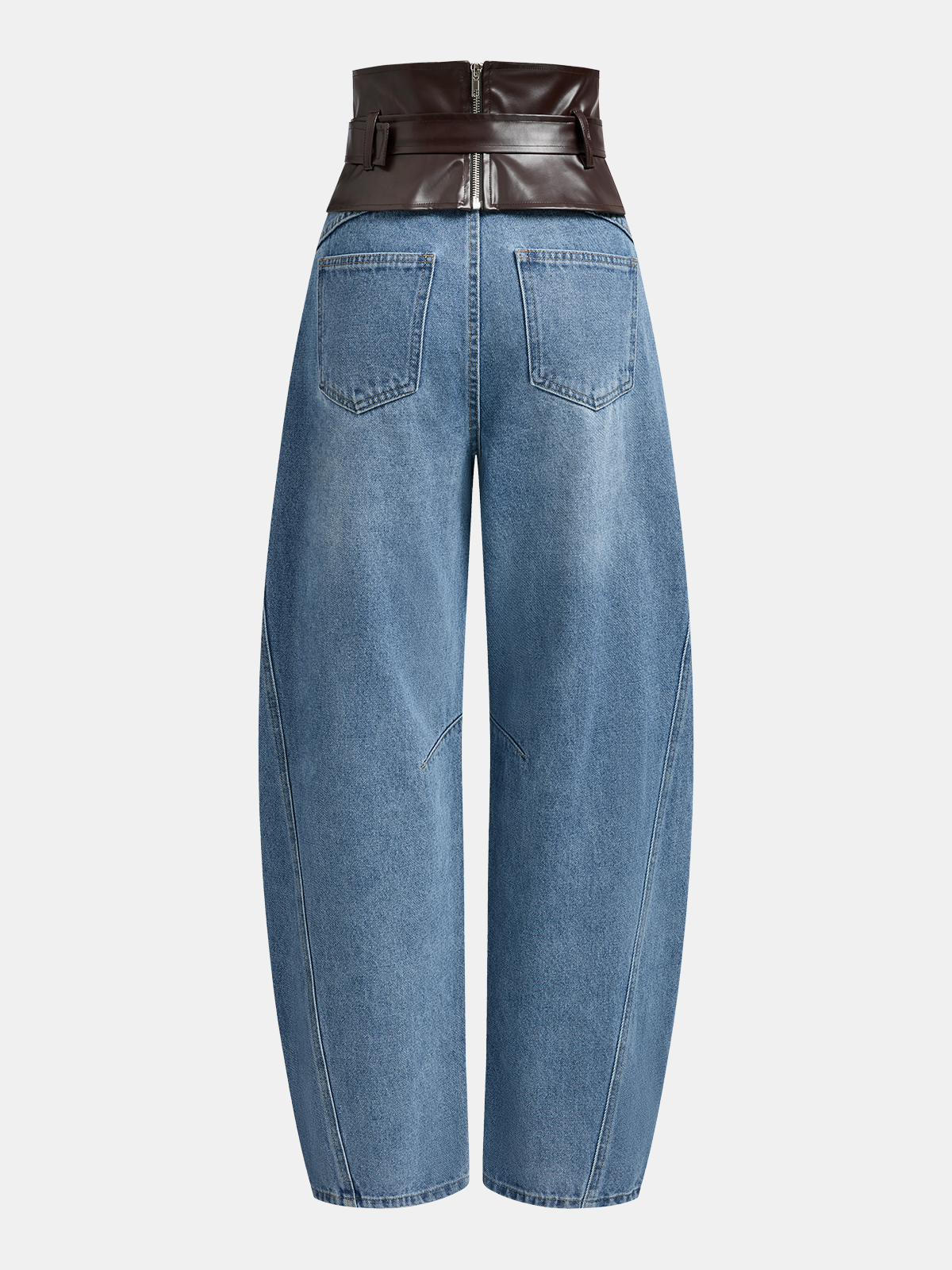 Faux Leather Waistband Denim Curved-Leg Pants-Chicvia