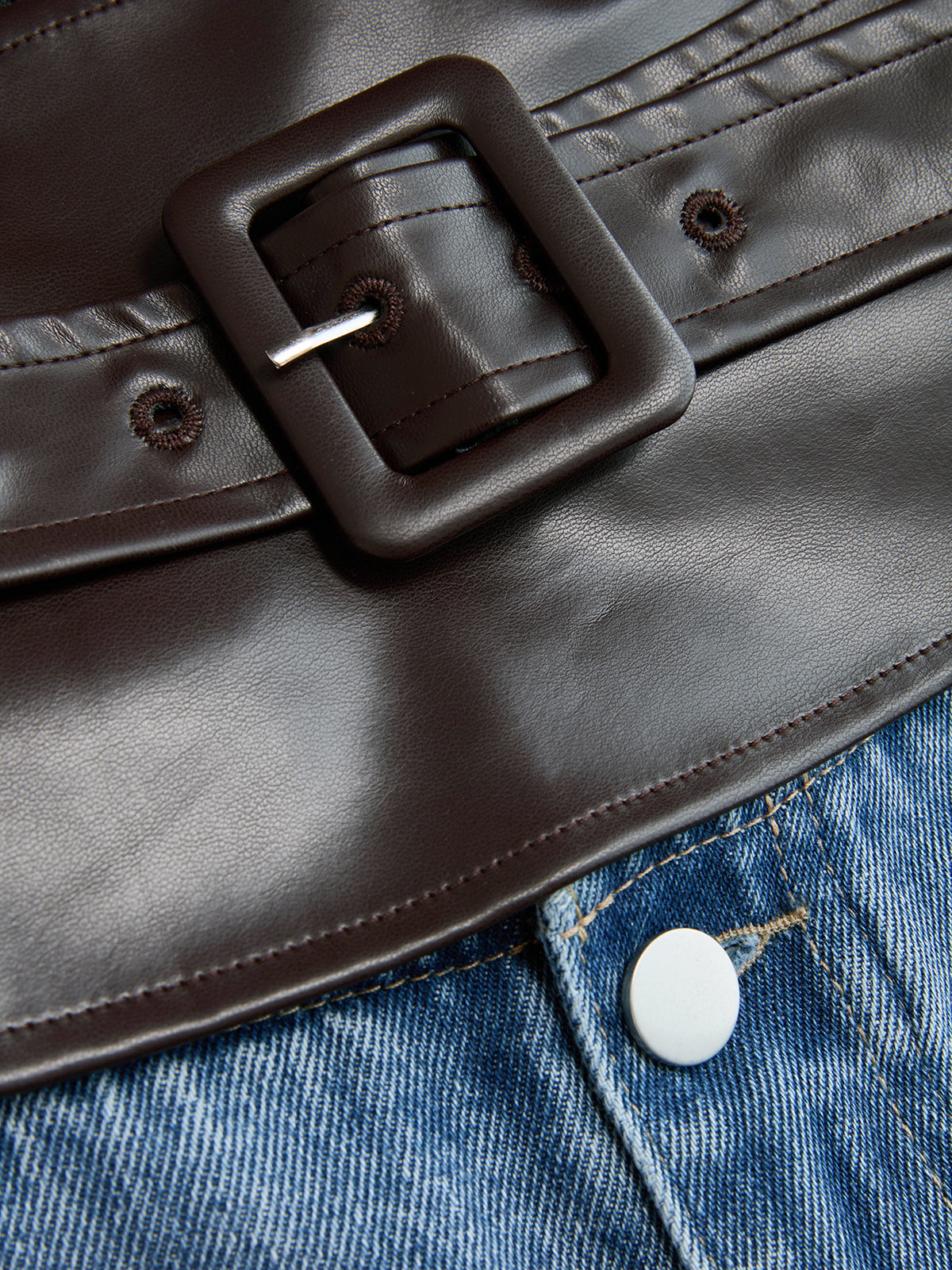 Faux Leather Waistband Denim Curved-Leg Pants-Chicvia