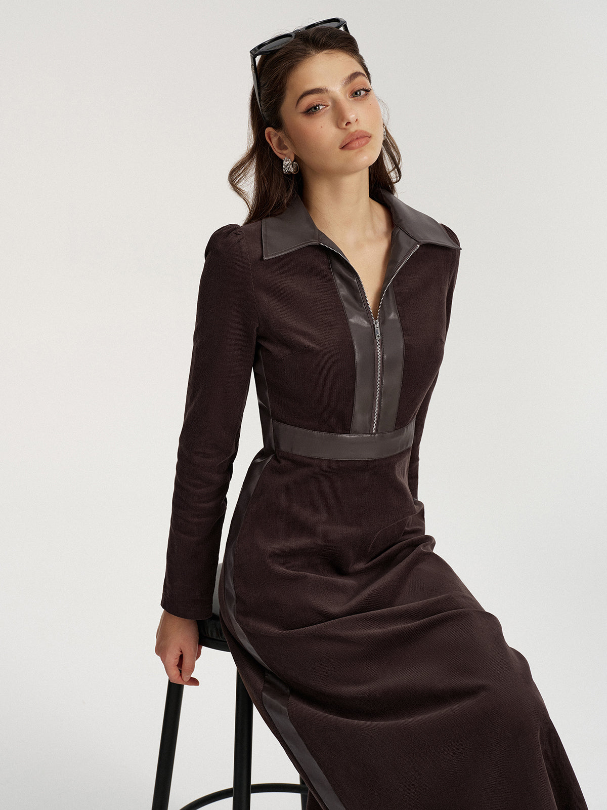Faux Leather Panel Corduroy Midi Dress-Chicvia