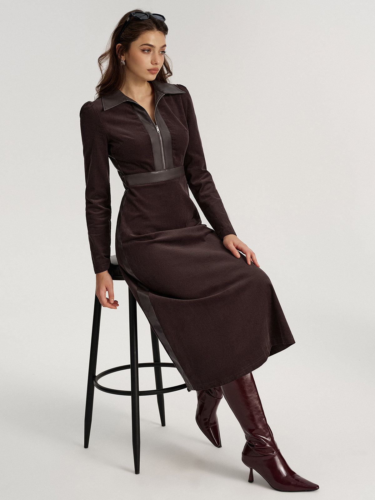 Faux Leather Panel Corduroy Midi Dress-Chicvia