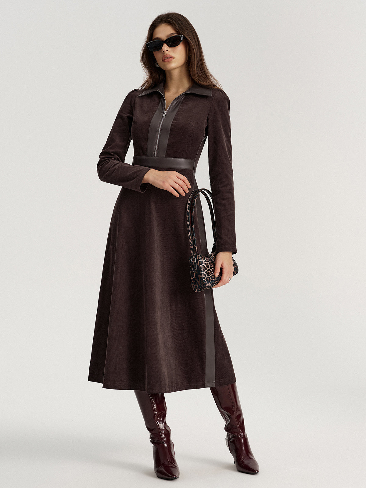 Faux Leather Panel Corduroy Midi Dress-Chicvia